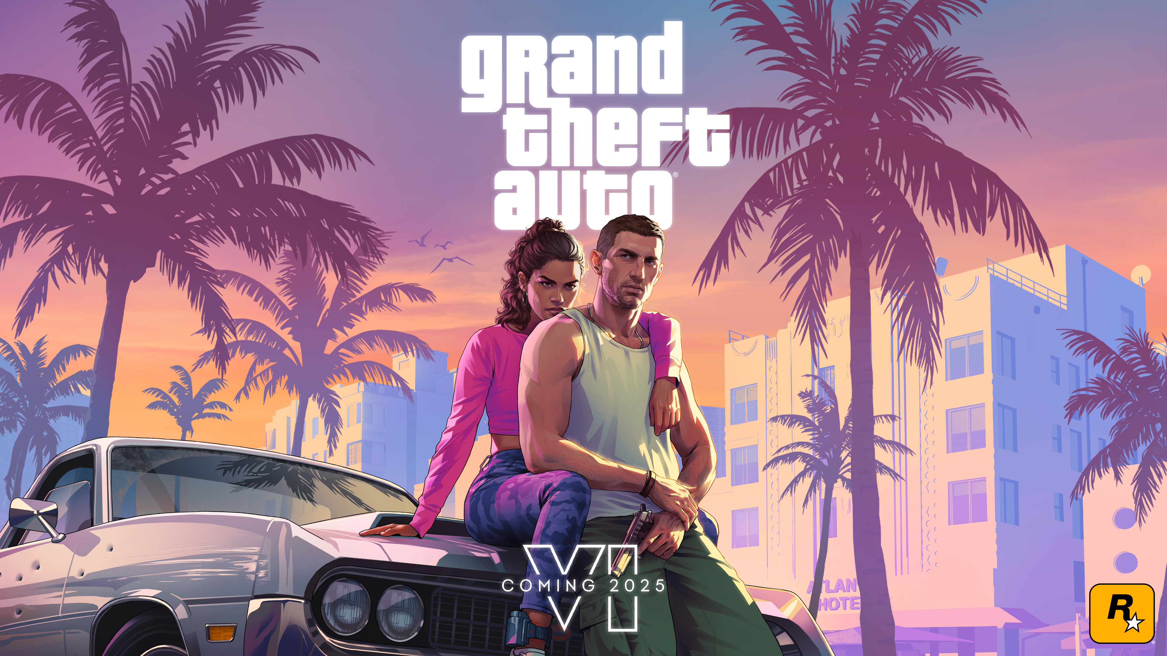 General 3840x2160 Rockstar Games couple car vehicle women men video game art palm trees sitting birds sky curly hair building reflection pistol Grand Theft Auto bullet holes video games Grand Theft Auto VI gun artwork boys with guns video game characters logo 2025 (year) sunset glow closed mouth ponytail sleeveless Miami Vice City digital art