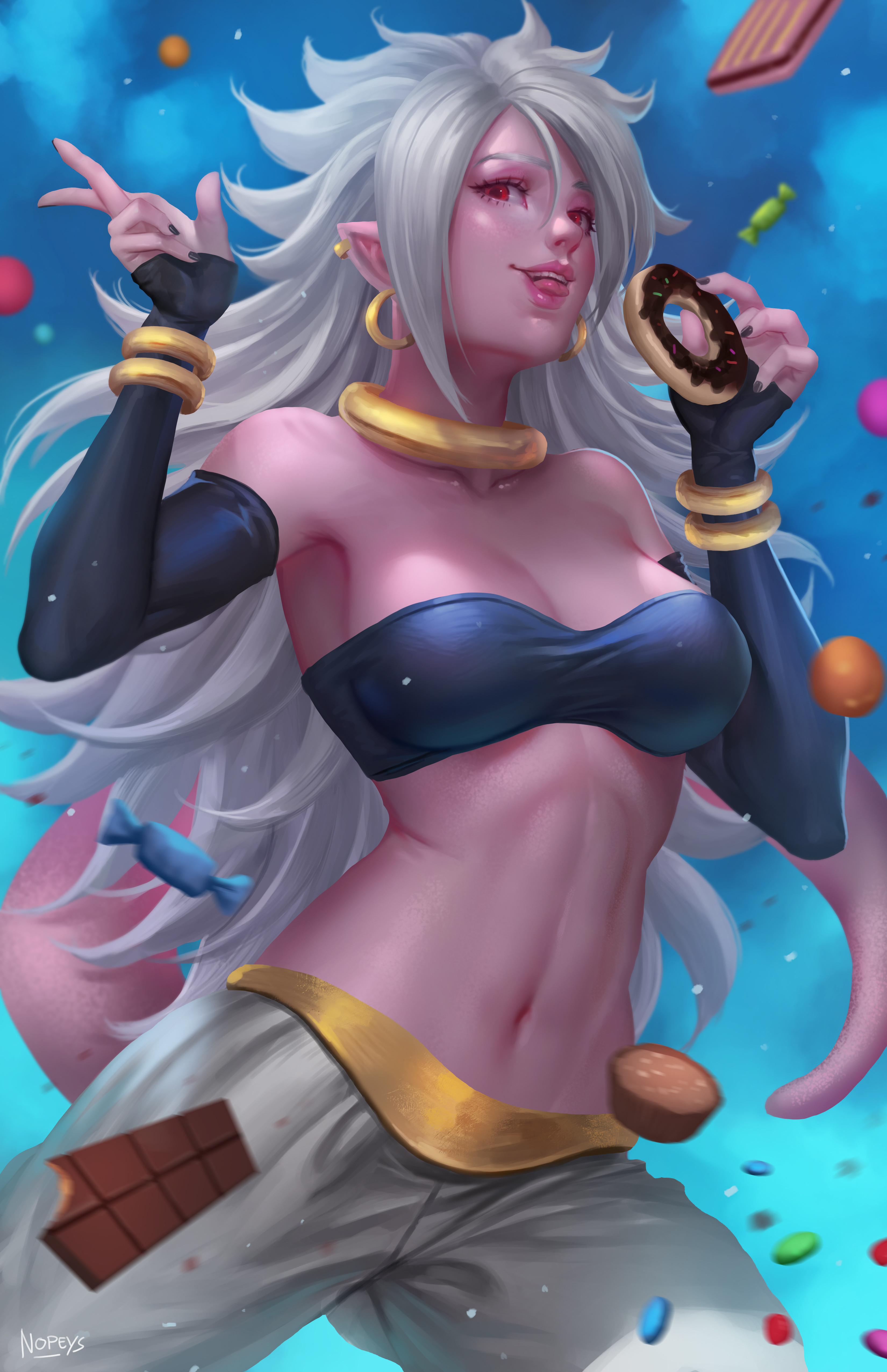 Anime 3300x5100 Dragon Ball FighterZ video games anime anime girls artwork drawing fan art Nopeys portrait display looking at viewer candy Android 21 parted lips signature long hair white hair red eyes elbow gloves belly tail pointy ears earring hoop earrings donut sweets teeth gold bracelets chocolate video game girls video game characters tongue out big boobs