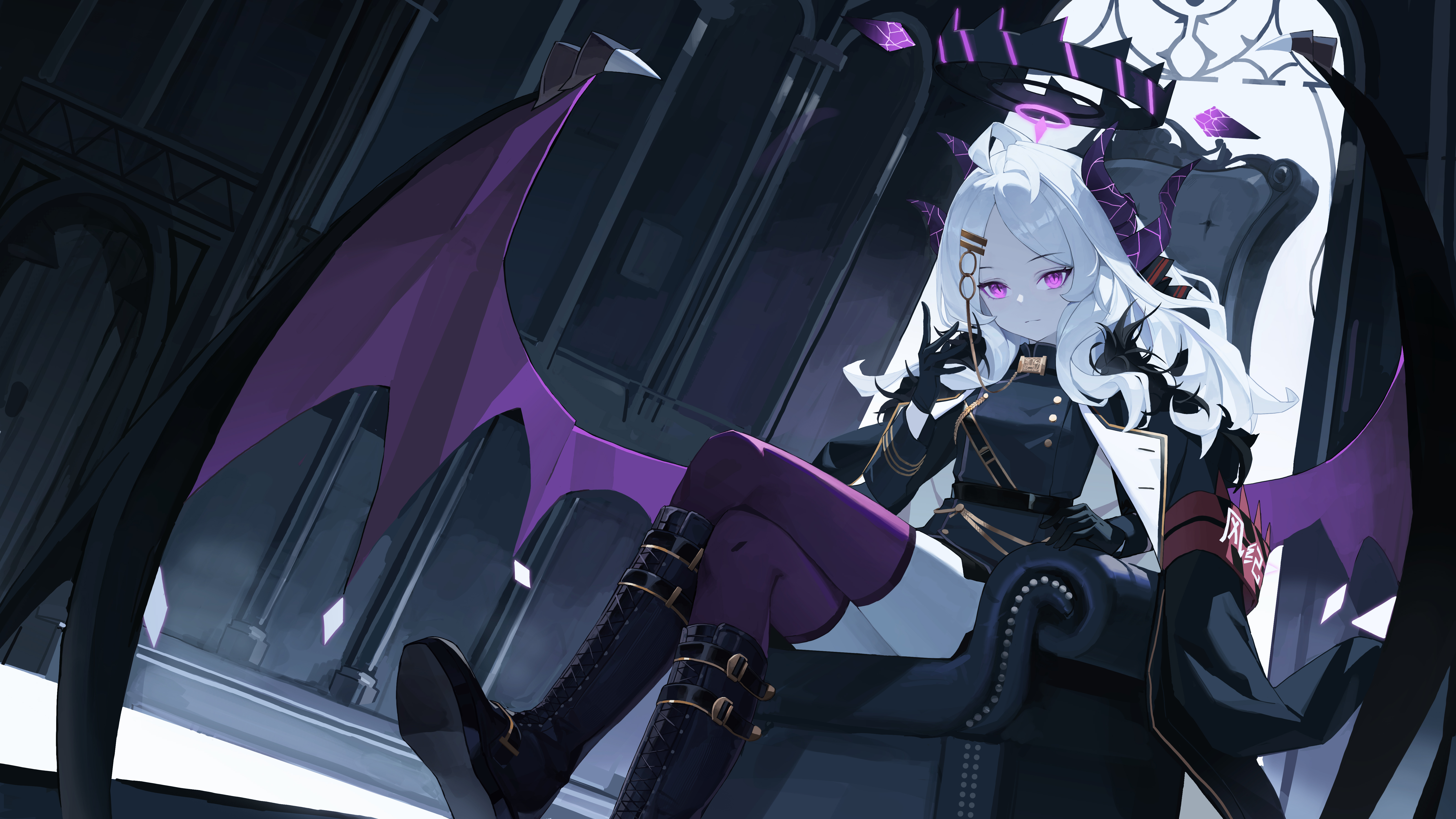 Anime 6402x3601 Sorasaki Hina (Blue Archive) Blue Archive anime girls anime girl with wings purple eyes long hair white hair knee-high boots wings demon horns looking at viewer chair legs crossed shoe sole fanshuimucishen sitting uniform black gloves gloves closed mouth thigh-highs