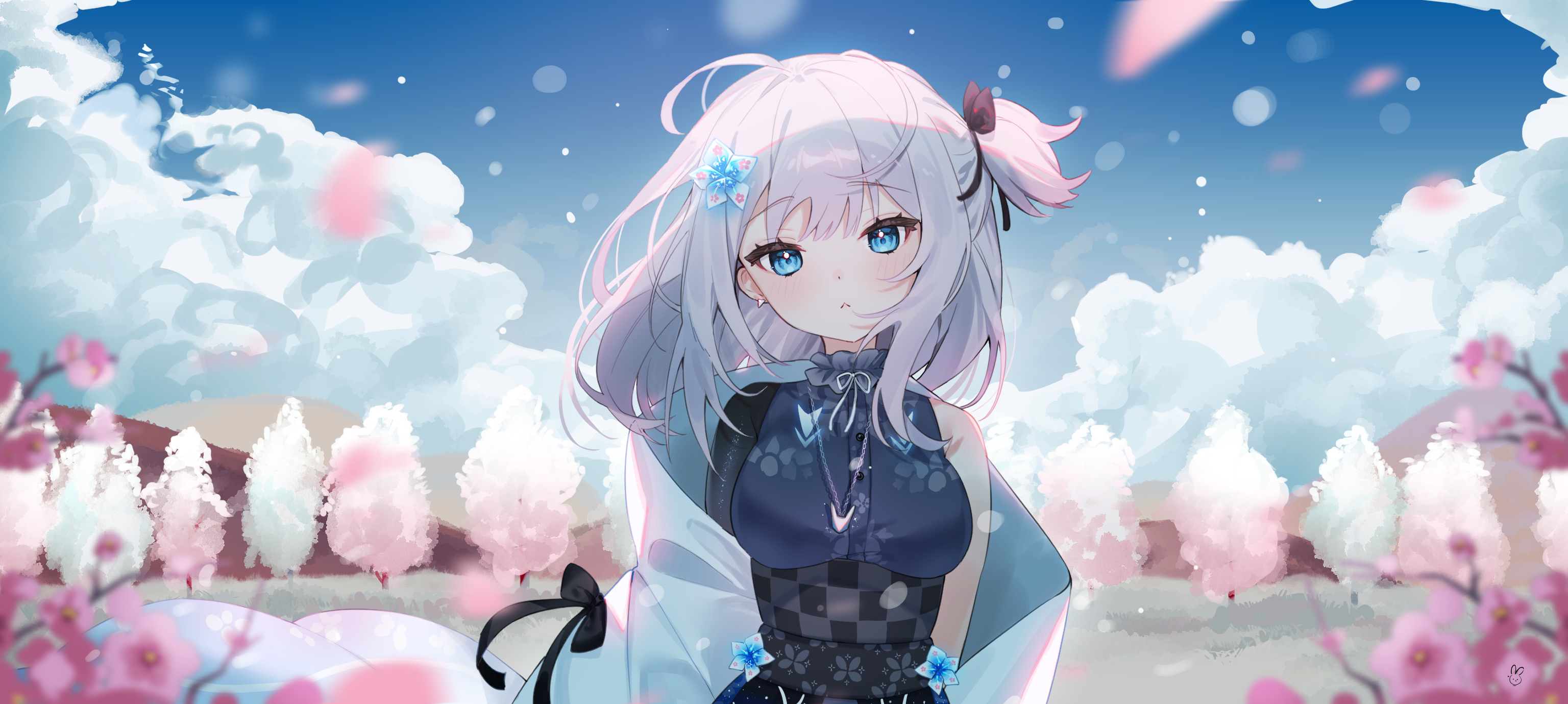 Anime 3072x1379 anime anime girls Virtual Youtuber long hair blue eyes looking at viewer white hair trees sky necklace closed mouth blushing flower in hair outdoors women outdoors flowers branch petals