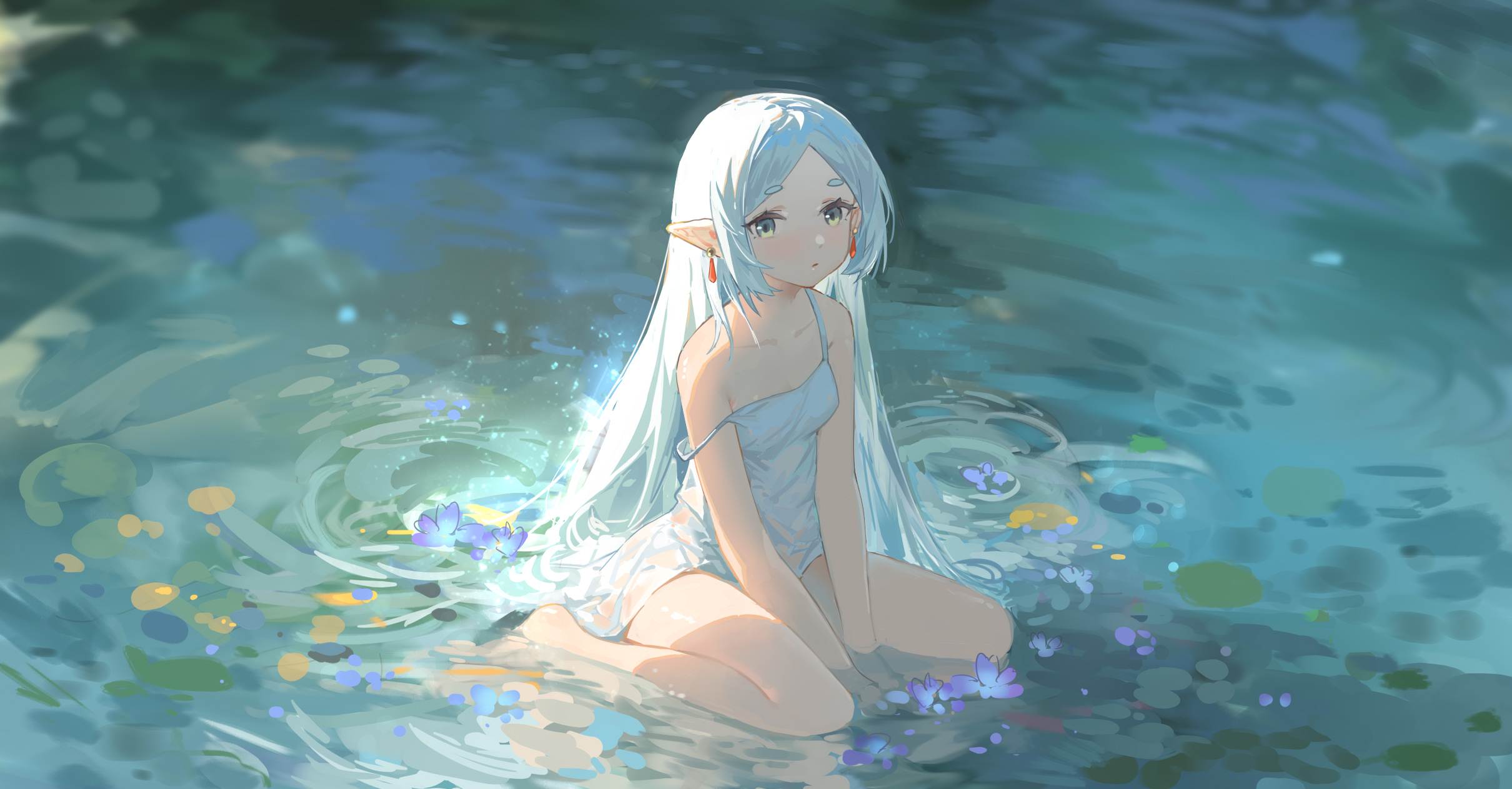 Anime 2420x1263 anime anime girls Sousou No Frieren water Frieren white dress pointy ears flowers elves looking at viewer MEInoss wariza off shoulder dress collarbone earring sitting long hair closed mouth bent legs smooth body minimalism white hair blue eyes