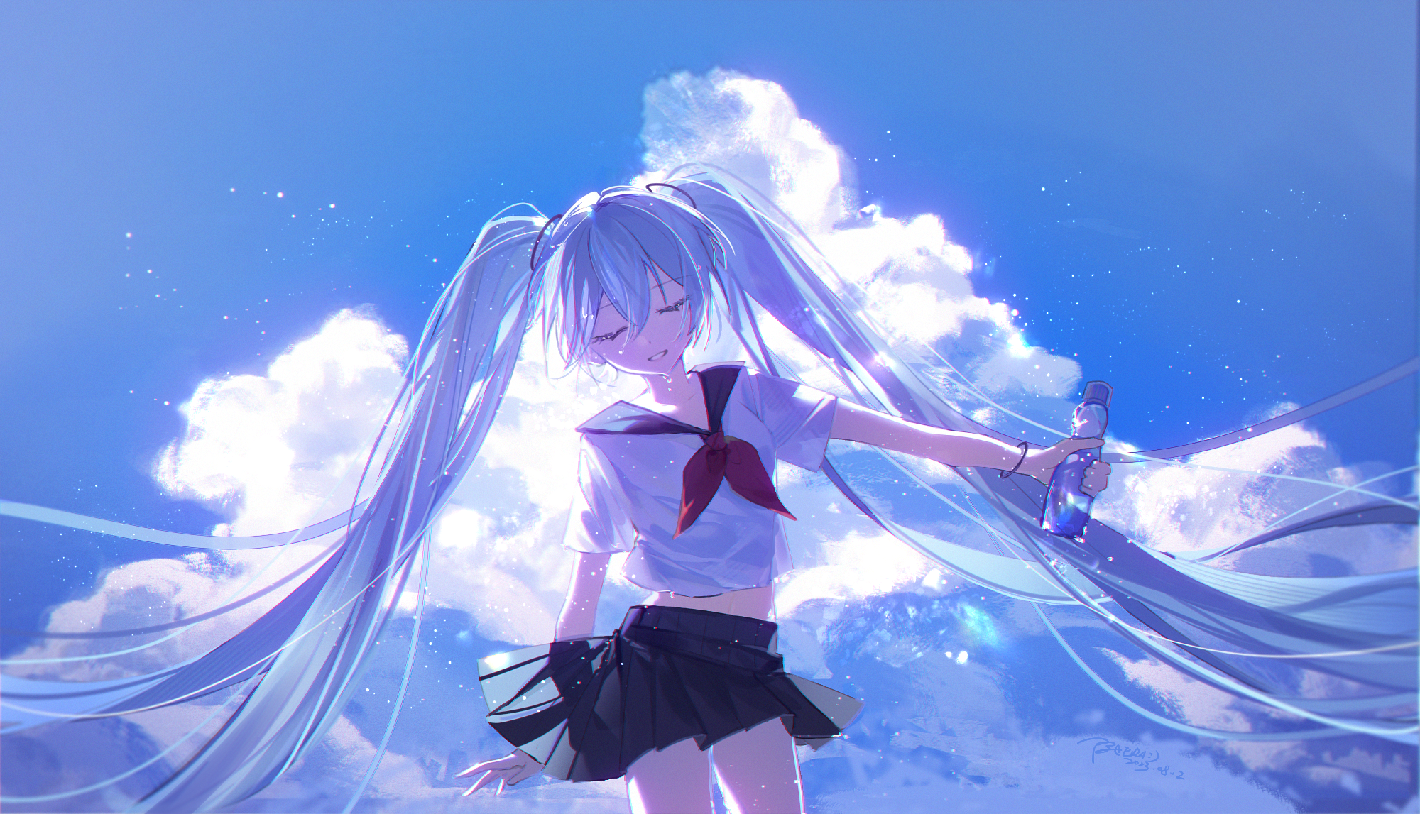 Anime 2000x1147 Hatsune Miku anime Vocaloid anime girls closed eyes twintails schoolgirl school uniform parted lips standing clouds skirt frills sky hair between eyes bracelets smiling simple background signature blue hair sunlight