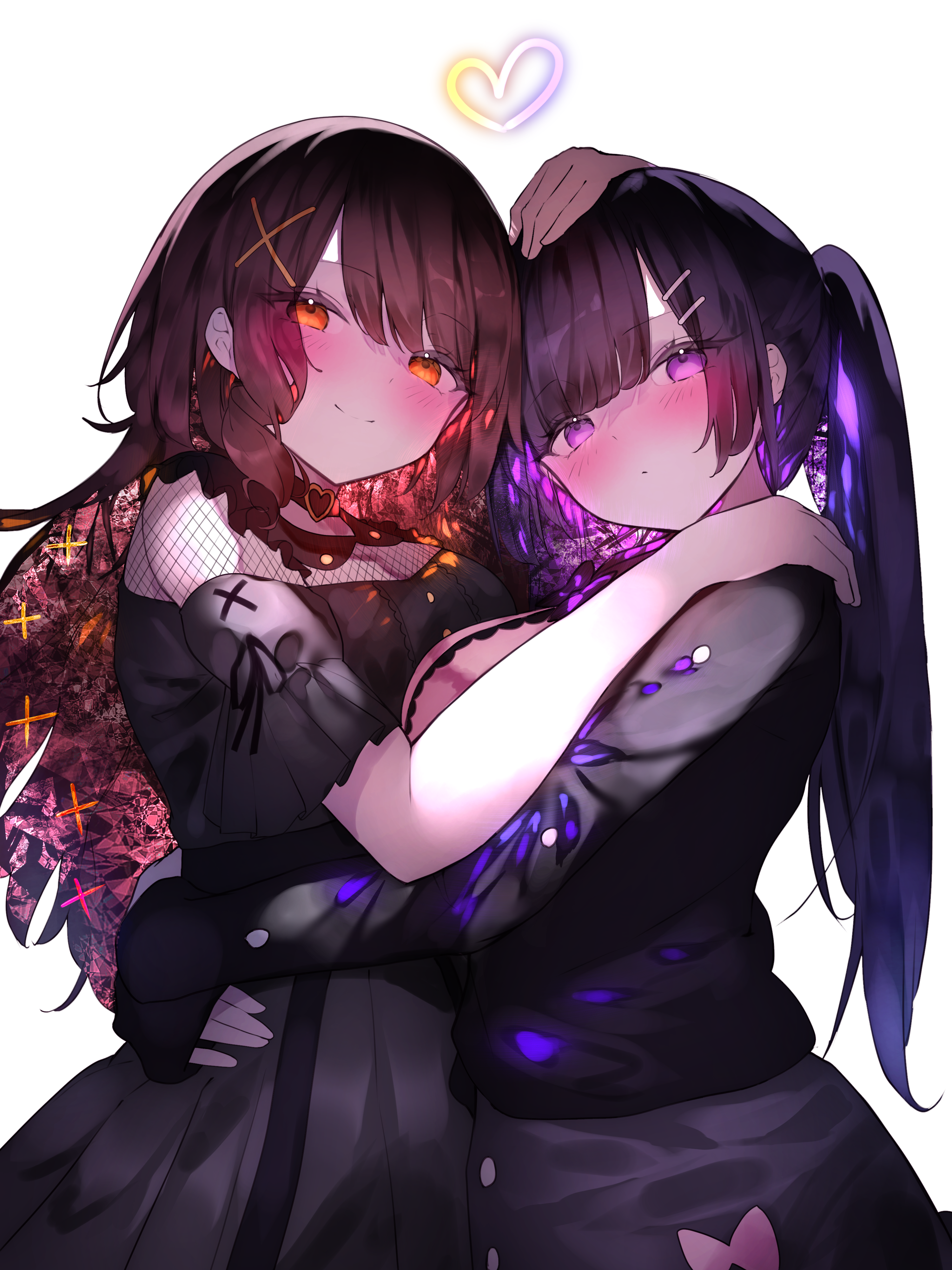 Anime 3000x4000 anime anime girls portrait display standing looking at viewer blushing W (artist) hugging simple background smiling white background dress closed mouth purple eyes orange eyes long hair fishnet long sleeves heart hair ornament choker cleavage head tilt black hair ponytail two tone hair hairpins