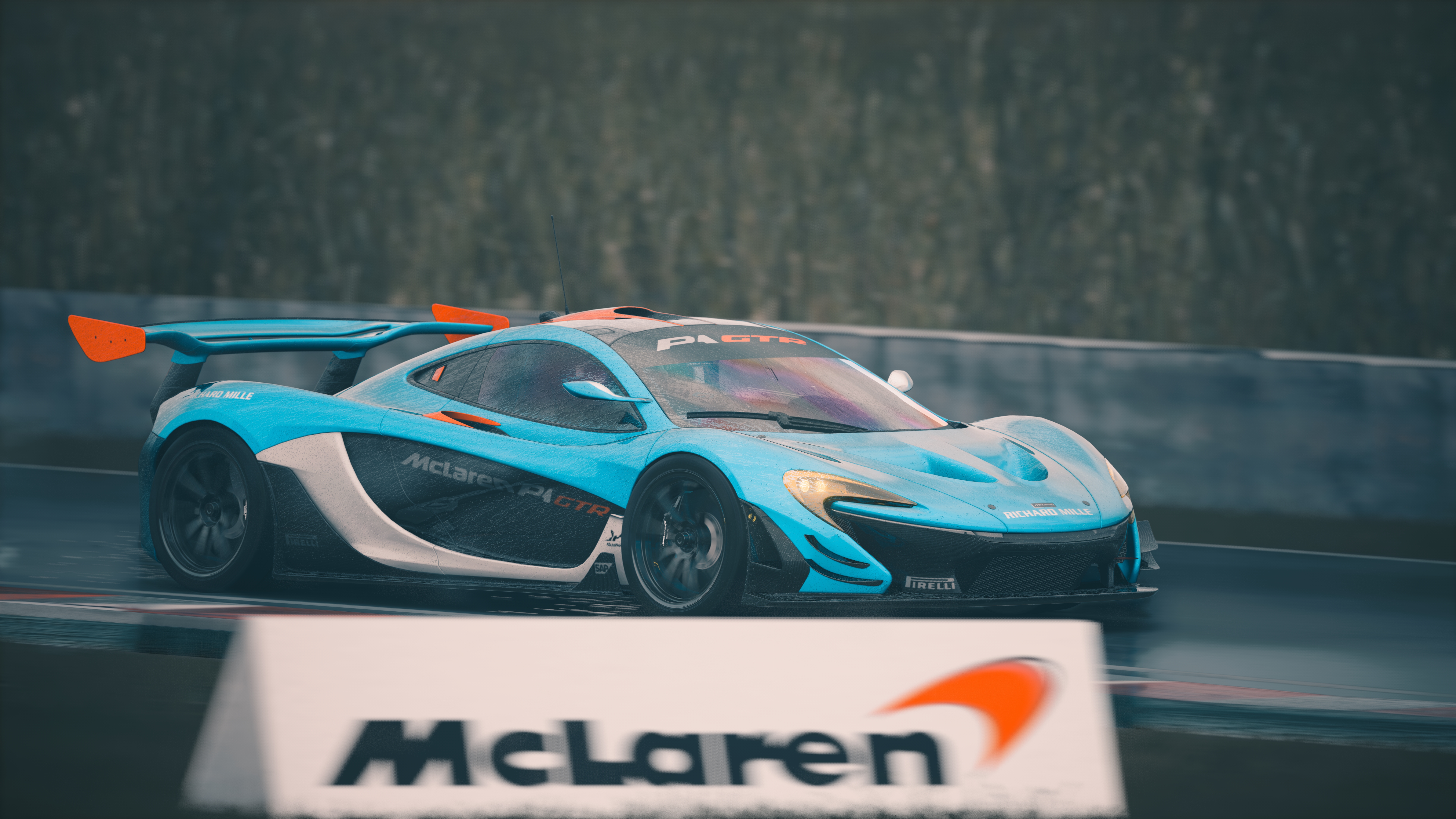 General 7680x4320 McLaren P1 car PC gaming Assetto Corsa frontal view headlights video game art vehicle motion blur blurred video games