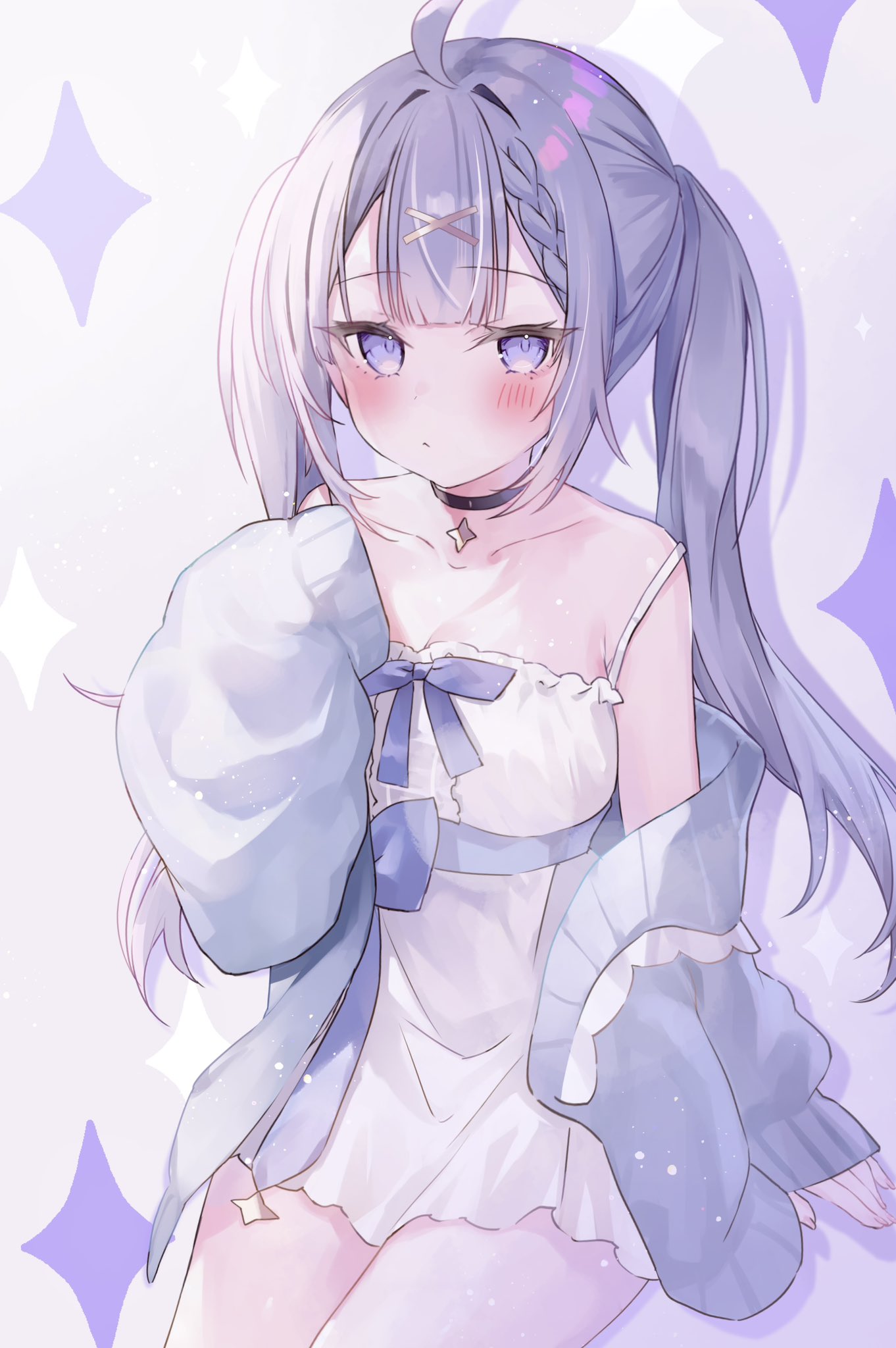 Anime 1362x2048 anime anime girls portrait display twintails looking at viewer blushing long hair collarbone off shoulder bare shoulders simple background choker closed mouth braids purple hair blue eyes white dress long sleeves dress stars ahoge sitting