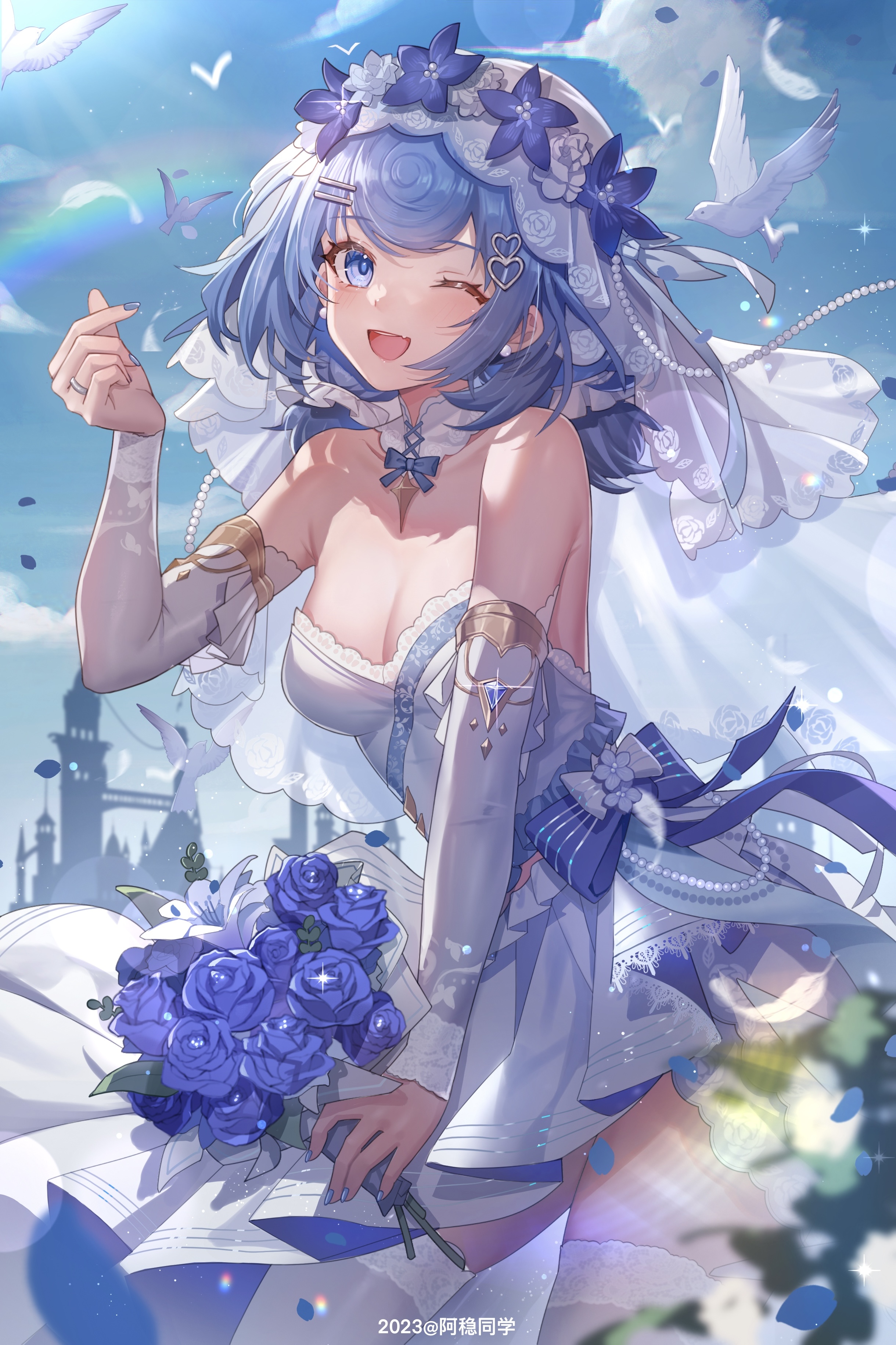Anime 2439x3659 Yolanda anime girls looking at viewer dress white dress bridal veil wedding dress rainbows one eye closed cleavage big boobs arm warmers blue flowers bouquets bare shoulders petals women outdoors wink watermarked stockings strapless dress smiling white stockings hair clip hair ornament jewelry clouds birds sky
