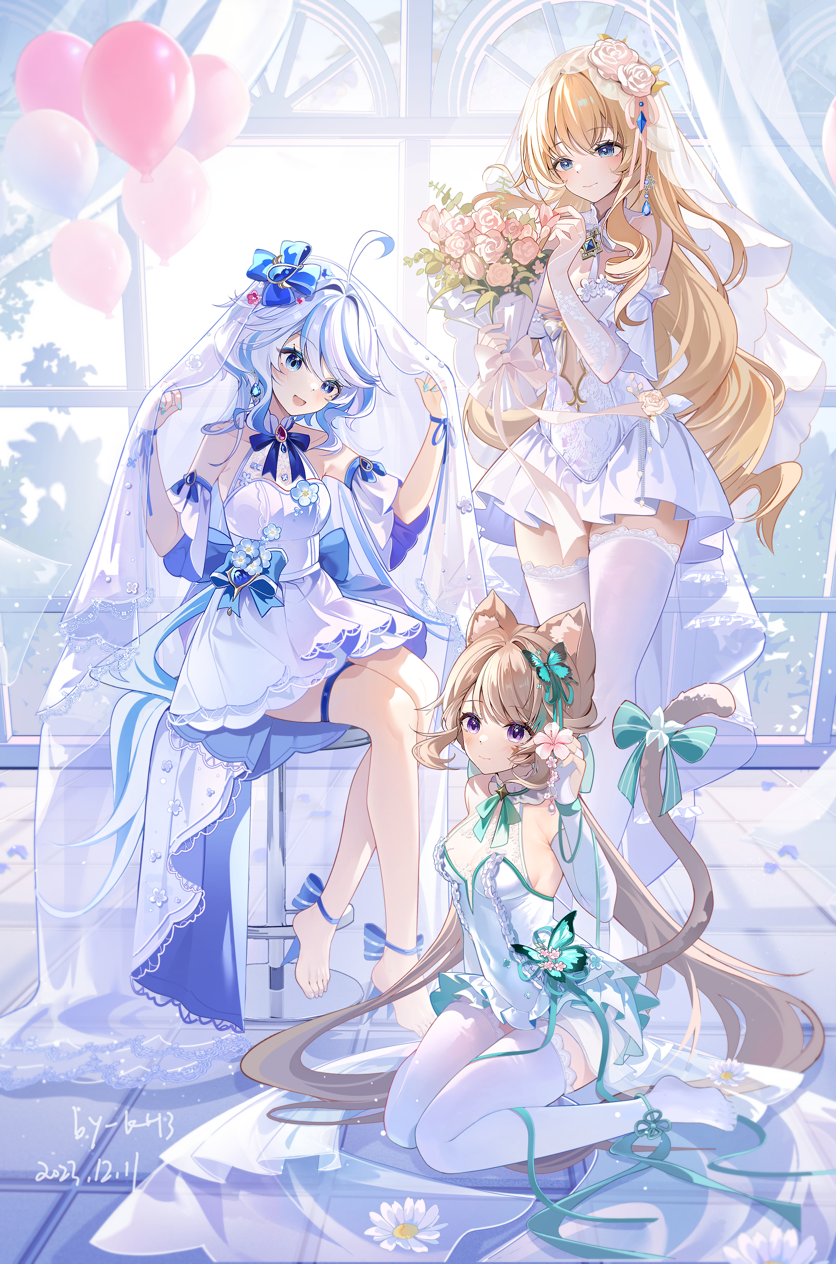Anime 1654x2500 Navia (Genshin Impact) Furina (Genshin Impact) Lynette (Genshin Impact) Genshin Impact dress wedding dress minidress portrait display stockings looking at viewer flowers bouquets women indoors heterochromia balloon Miaoguujuun white dress flower in hair animal ears bridal veil white stockings thigh strap women trio group of women kneeling wedding attire smiling barefoot tail feet anime girls hair ribbon two tone hair long hair hair ornament earring sitting bent legs indoors open mouth closed mouth elbow gloves hair between eyes gloves