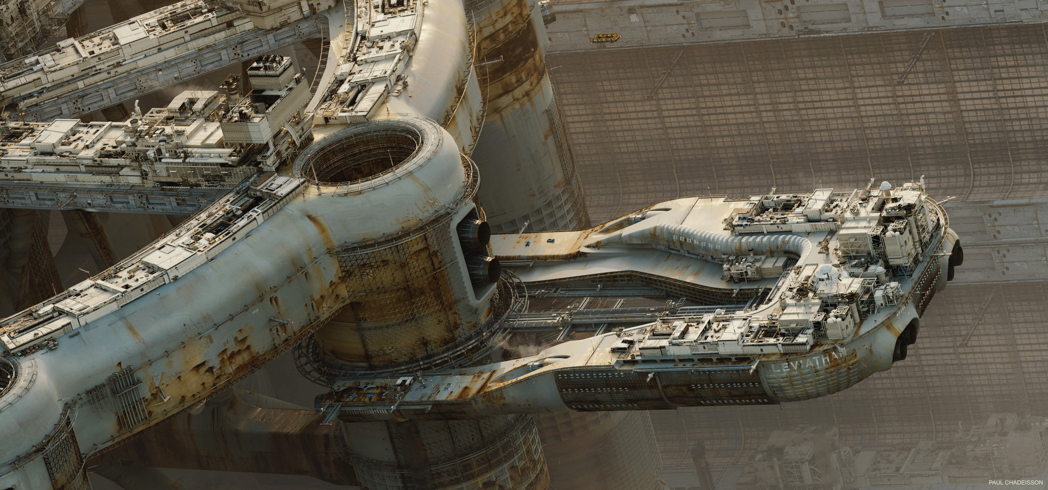 General 3487x1632 Paul Chadeisson digital art CGI construction ship solstice 5 detailed artwork planet science fiction oil rig watermarked
