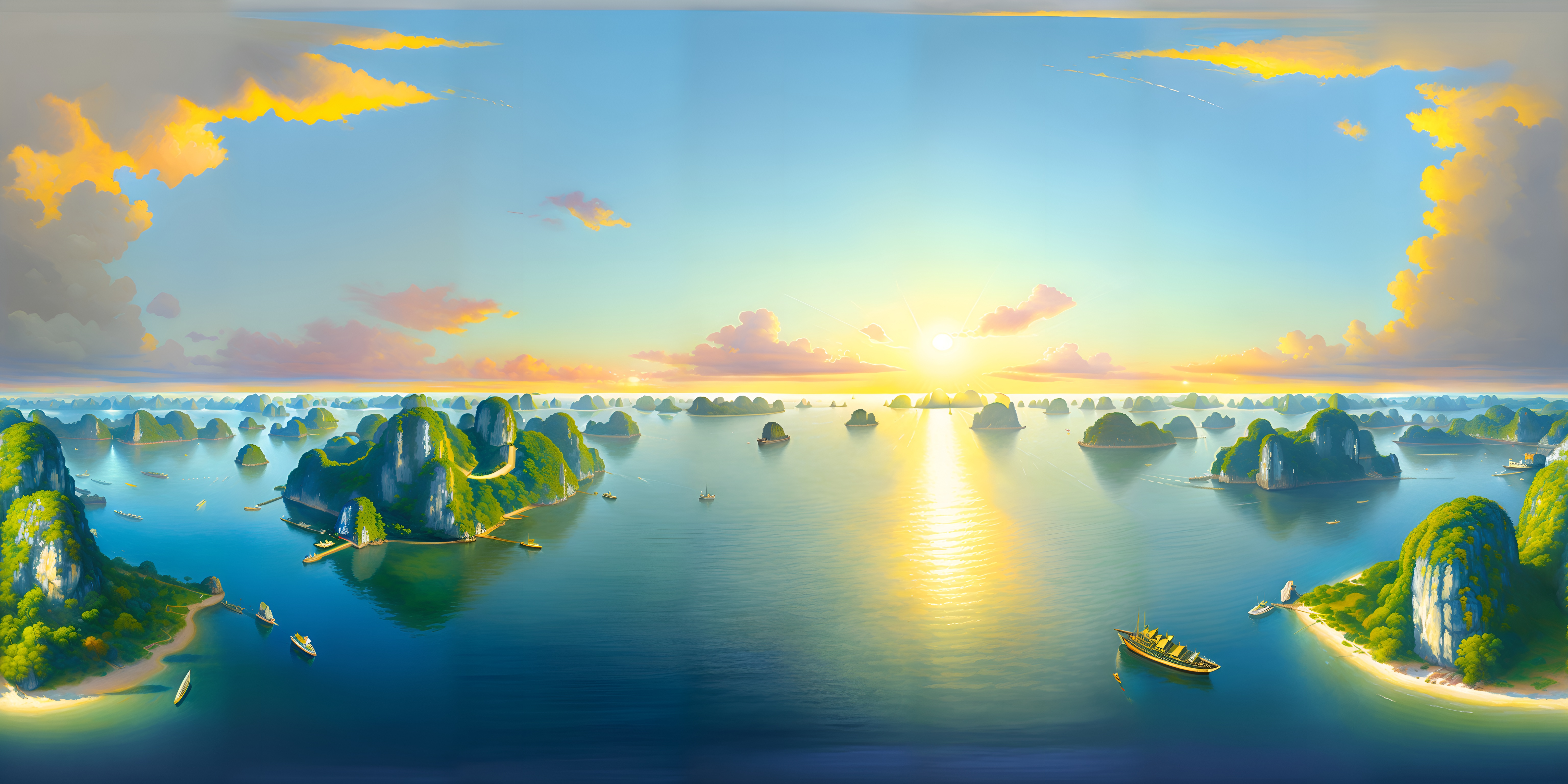 General 6144x3072 phong cảnh  bải biển VỊNH HẠ LONG PHONG CẢNH NHẬT BẢN SÁNG TẠO HOA ANH ĐÀO NHẬT BẢN AI art digital art wide screen ultrawide water sky clouds island ship sea