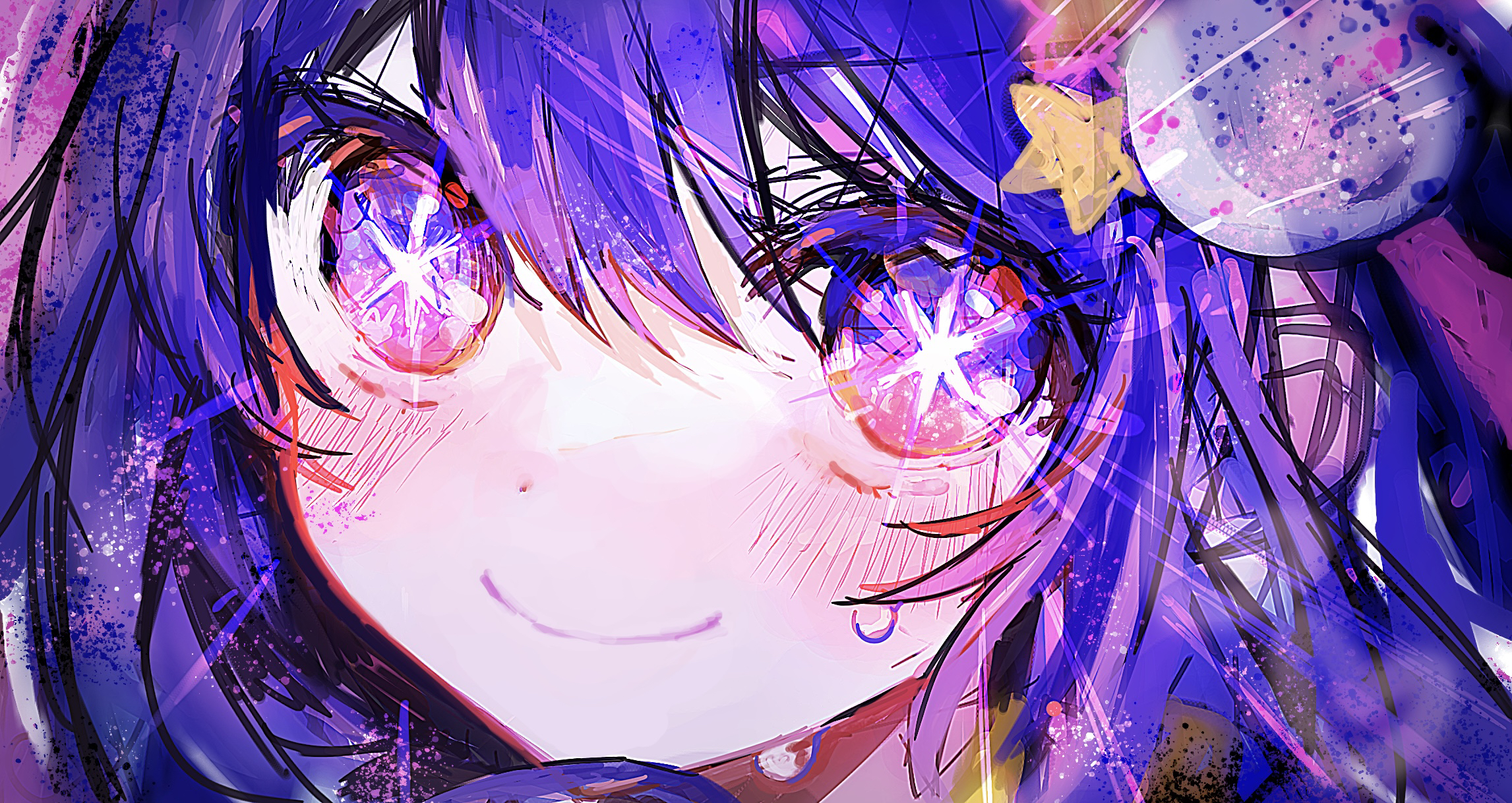 Anime 2293x1218 Pixiv anime face Oshi no Ko star eyes Hoshino Ai smiling looking at viewer anime girls blushing purple hair purple eyes
