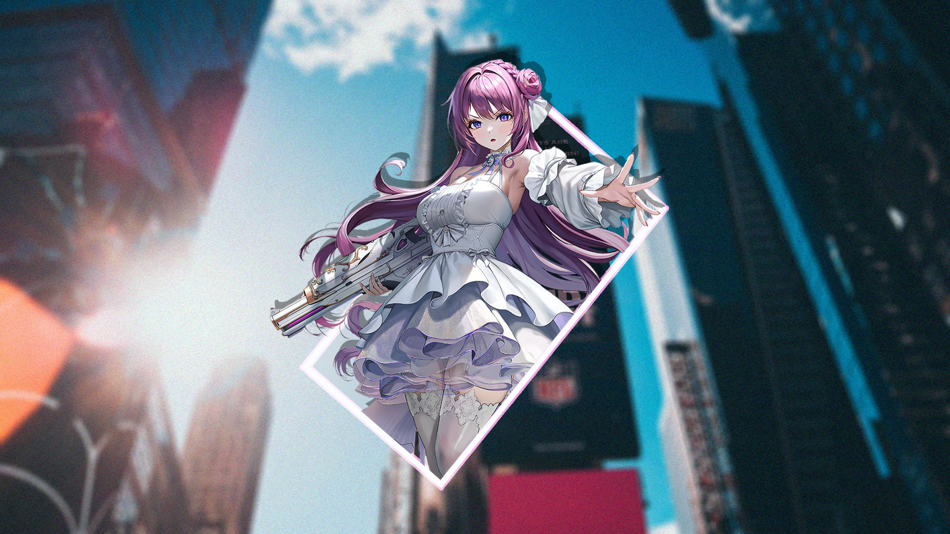Anime 1920x1080 anime girls picture-in-picture city New York City dress gun girls with guns long hair looking at viewer building skyscraper standing purple hair purple eyes flower in hair stockings Nikke: The Goddess of Victory