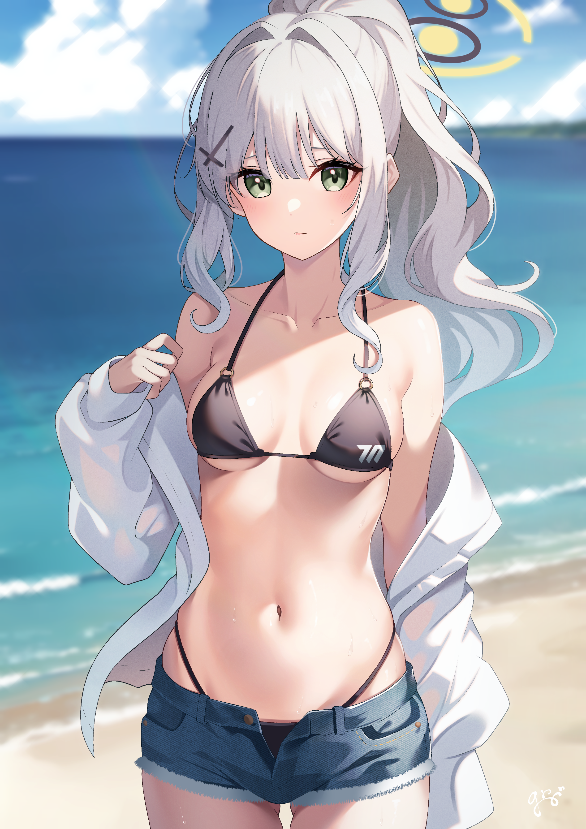 Anime 2480x3508 anime anime girls digital art artwork 2D Pixiv petite looking at viewer portrait portrait display belly button belly bare midriff bikini standing water clouds sky long hair ponytail blushing beach sand waves Blue Archive Omagari Hare (Blue Archive)