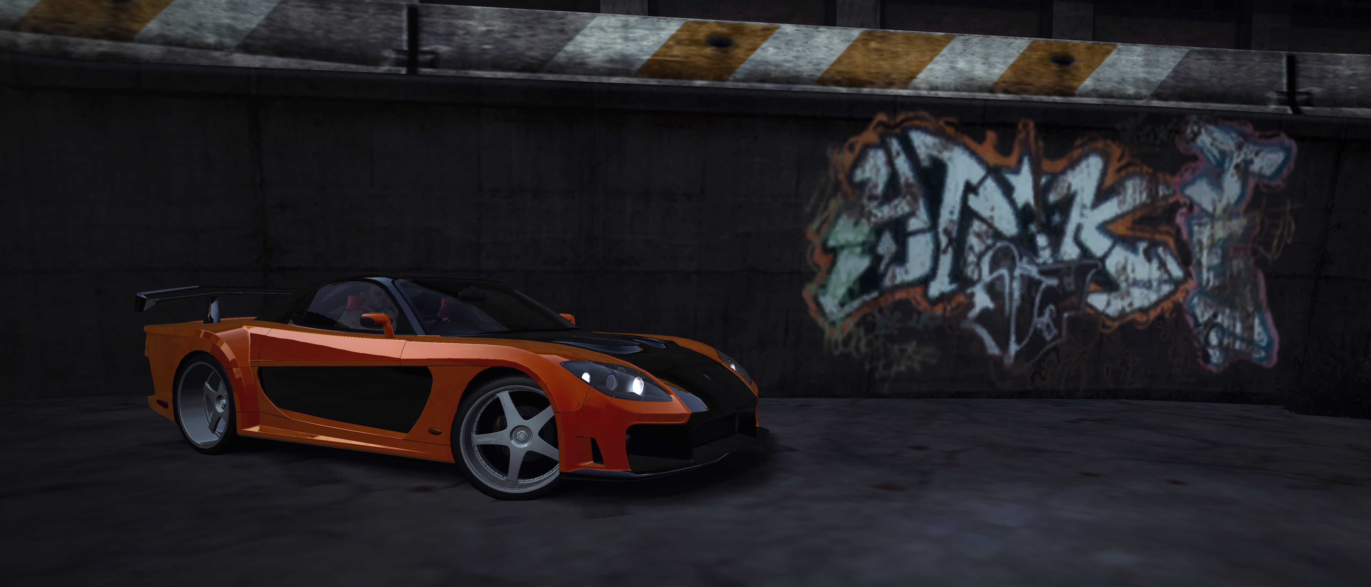General 4529x1941 Need for Speed Need for Speed: World video games Mazda RX-7 Veilside Fast and Furious wide screen graffiti orange cars CGI frontal view headlights