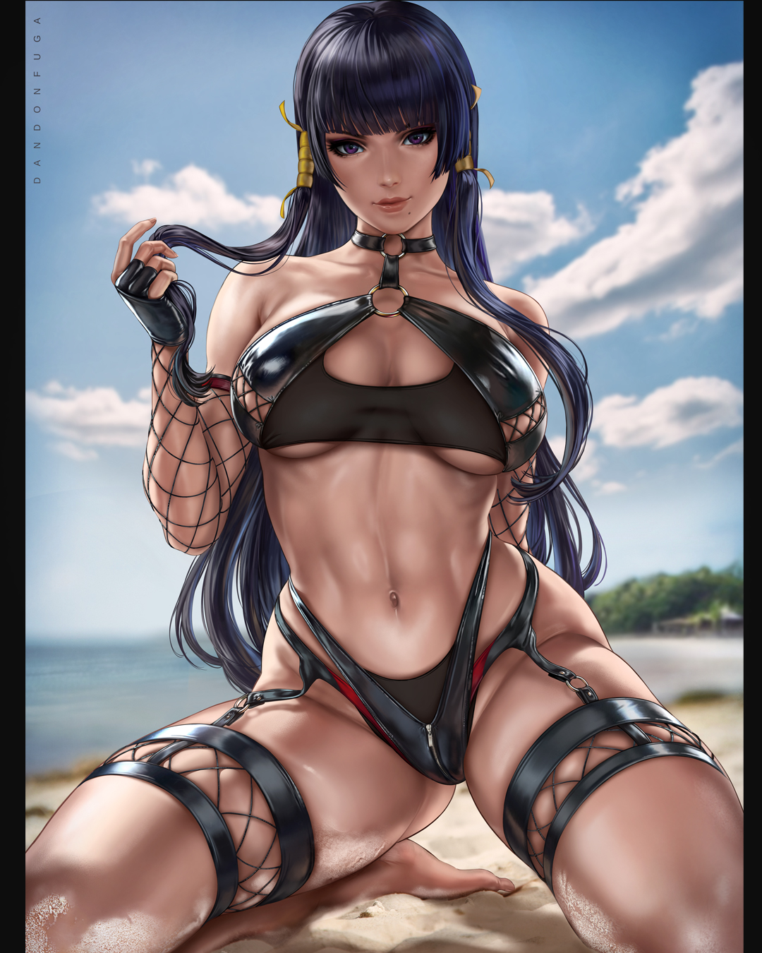 Anime 1080x1350 Dandonfuga swimwear anime girls portrait display black swimsuit thigh strap beach looking at viewer Azur Lane depth of field Dead or Alive kneeling big boobs black gloves leather black hair purple eyes barefoot fishnet blunt bangs mole under mouth sand detached sleeves belly zipper women outdoors women on beach moles belly button skindentation gloves blurry background choker garter straps long hair smiling arm(s) behind back sky clouds thighs tan