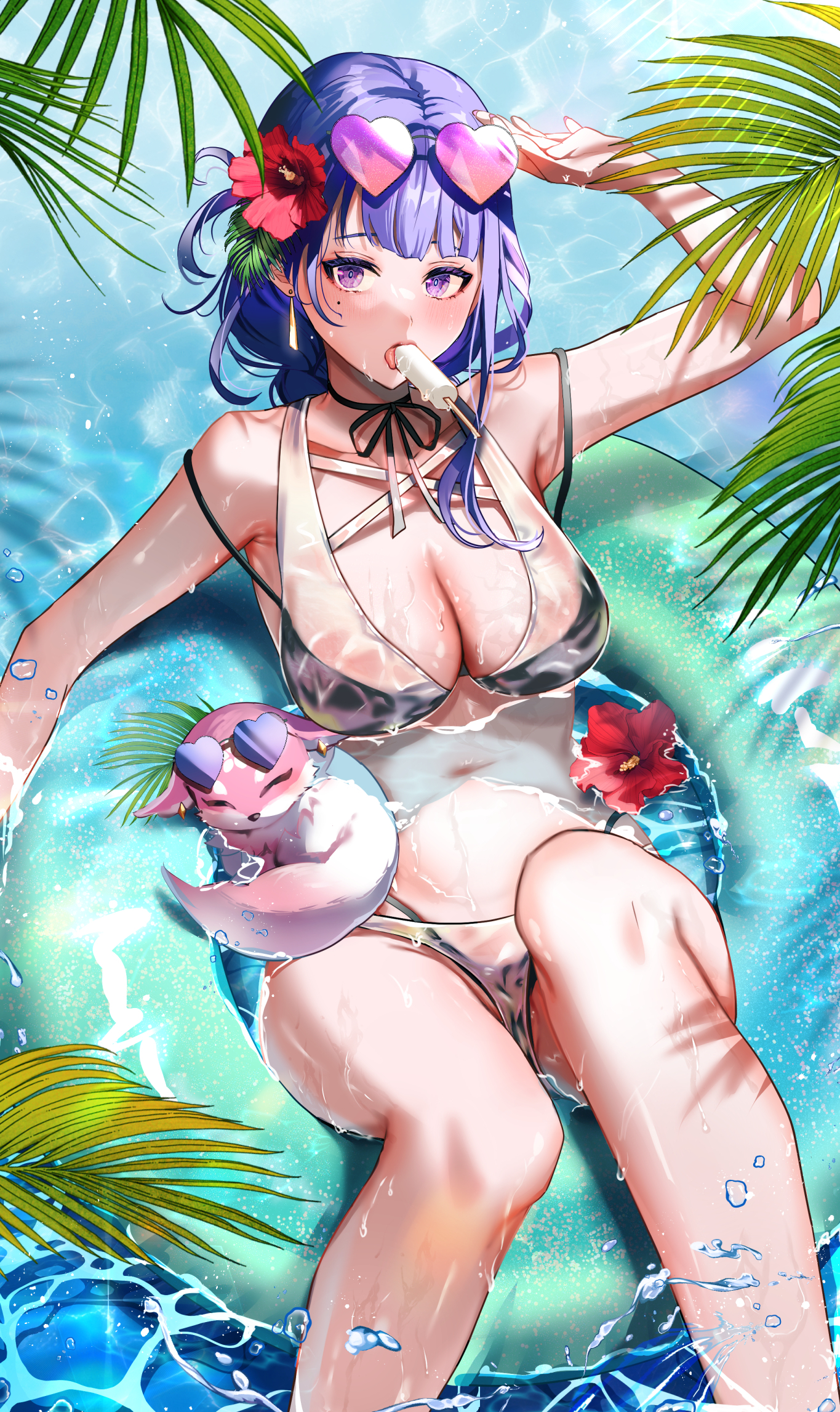 Anime 1365x2293 Genshin Impact swimwear anime girls portrait display water looking at viewer Raiden Shogun (Genshin Impact) Yae Miko (Genshin Impact) floater sunglasses purple eyes purple hair see-through clothing fox lying down palm trees leaves black bikinis wet body wet swimsuit hibiscus water drops flowers big boobs cleavage sunlight moles mole under eye anzu0130 hair ornament one arm up popsicle open mouth armpits