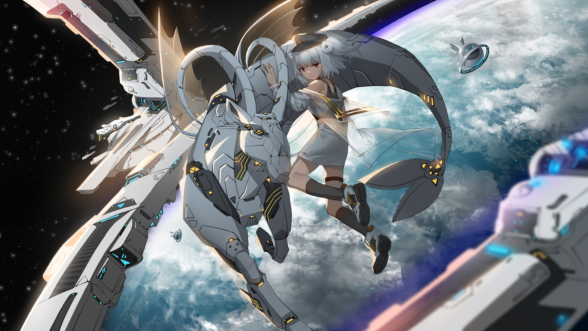 Anime 1920x1080 anime anime girls space technology animals stars floating planet looking at viewer hat short hair white hair red eyes