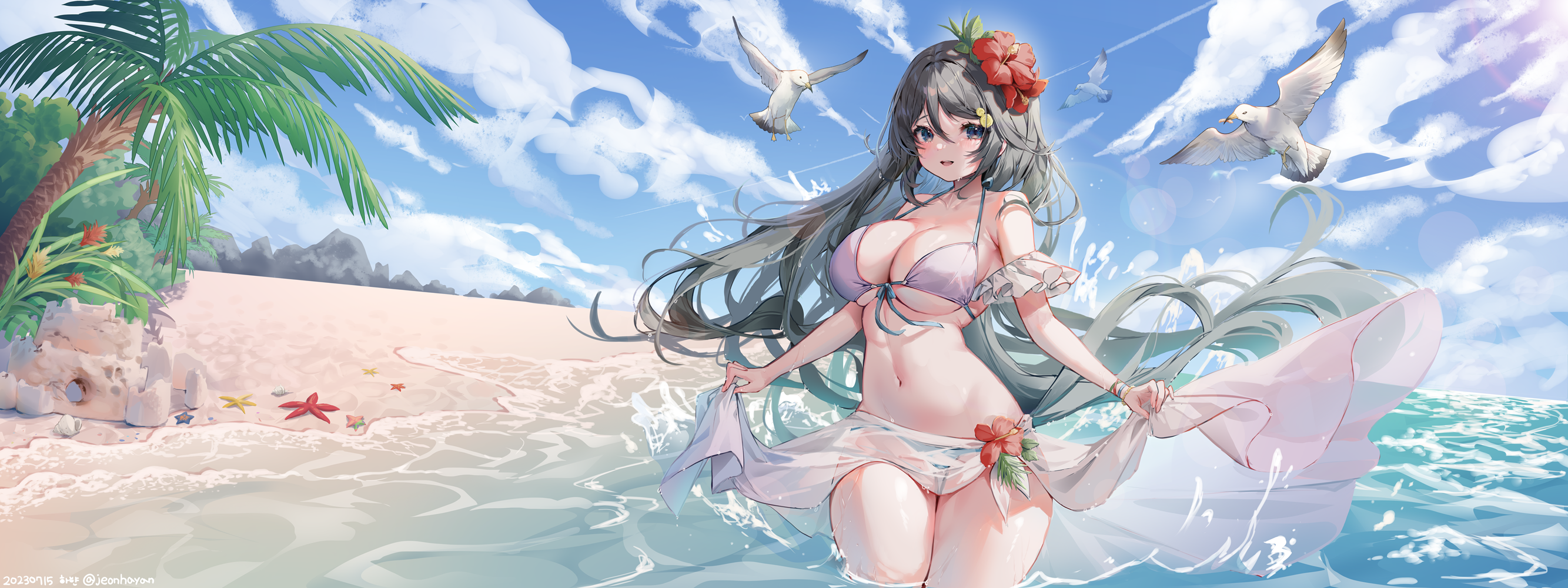 Anime 2667x1000 anime girls swimwear beach standing in water palm trees white bikini black hair blue eyes hibiscus flower in hair looking at viewer water animals sand castle seagulls hair ornament water drops big boobs lifting clothes outdoors open mouth long hair Shiro Albino sarong starfish sand sculpture smiling women outdoors blushing red flowers cleavage seashells horizon string bikini clouds birds wet leaves sunlight sky