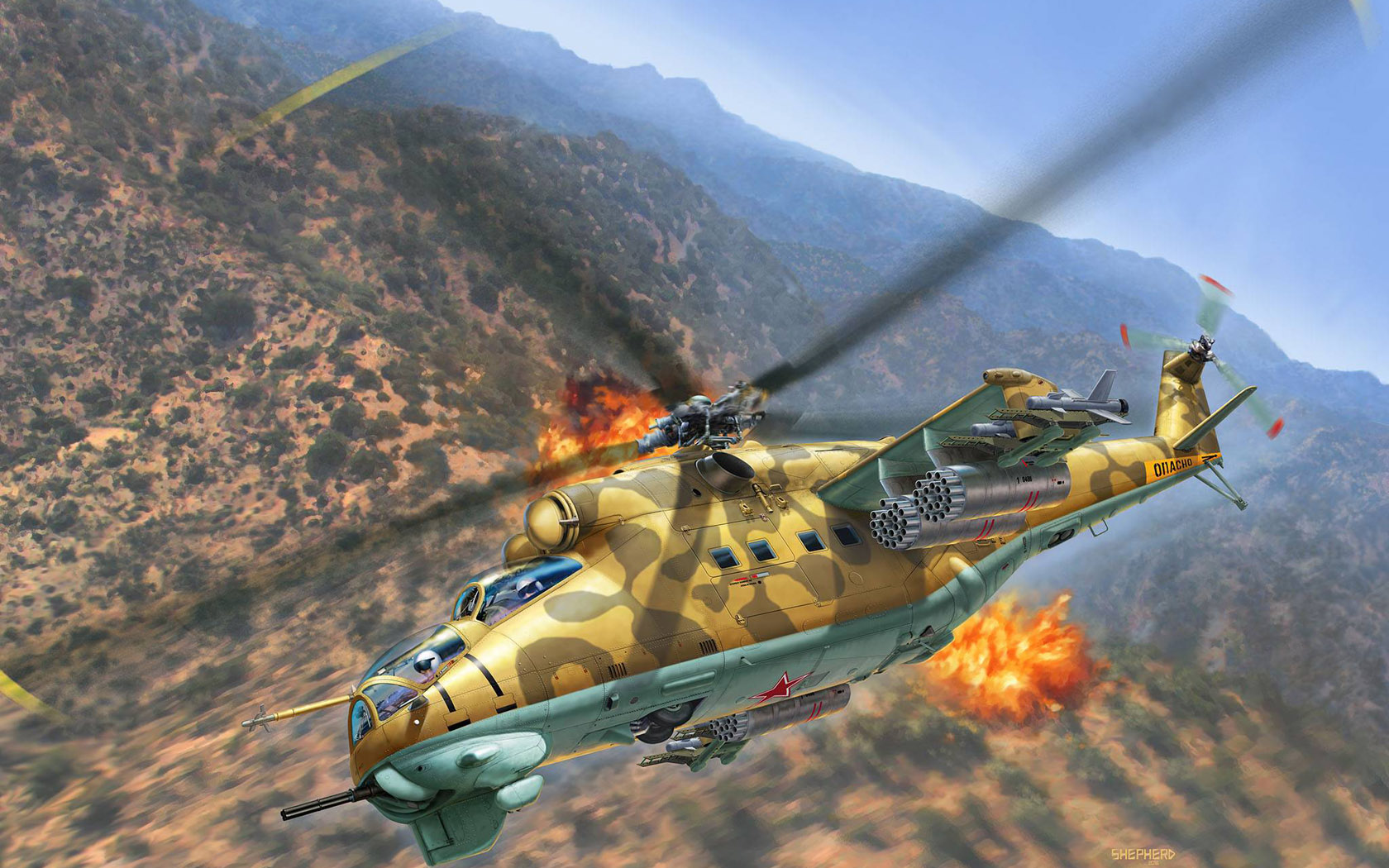 General 1680x1050 aircraft flying fire army military military vehicle artwork explosion landscape mountains Mil Mi-24 Russian Army signature Russian/Soviet aircraft attack helicopters sky dogfight