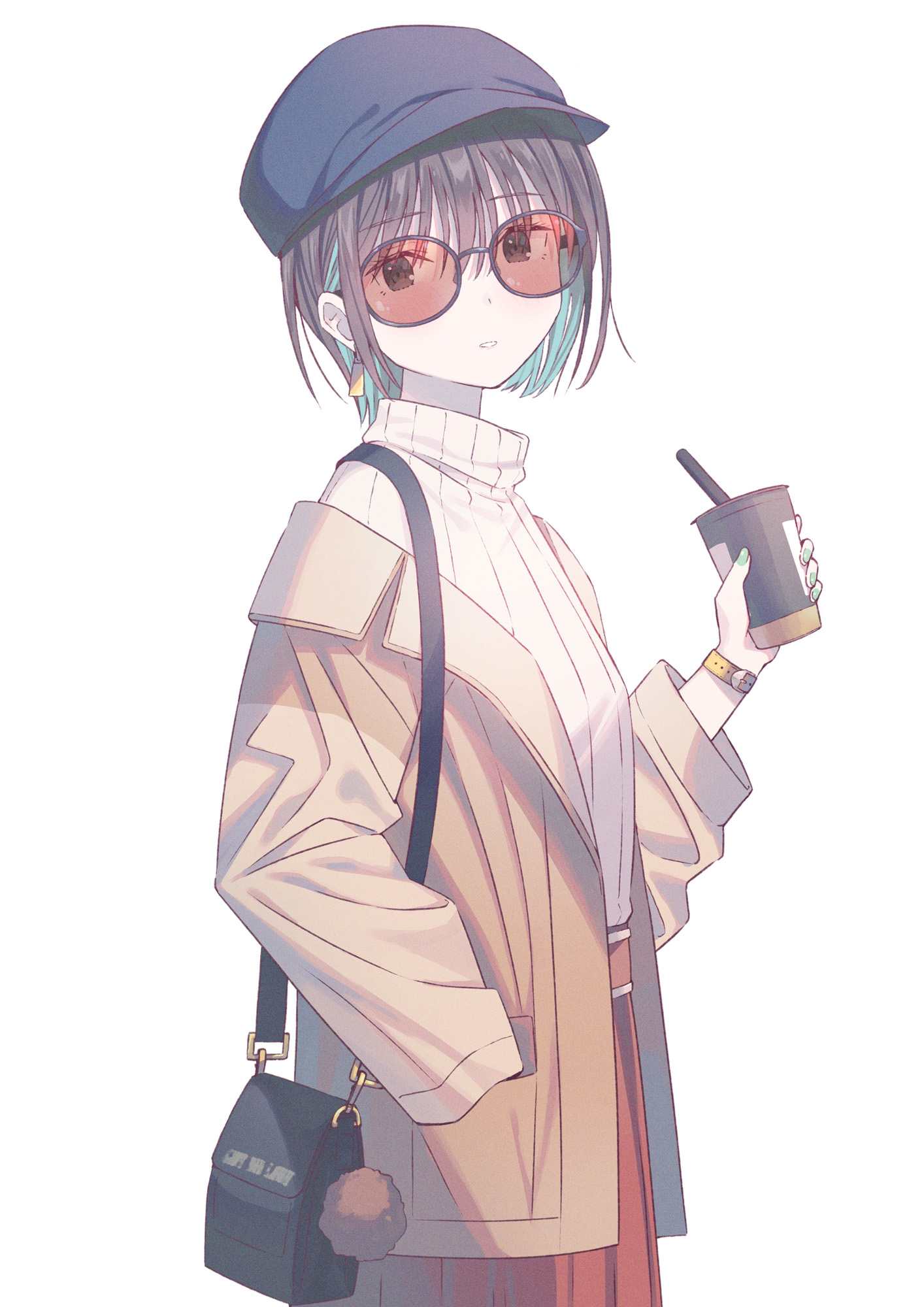 Anime 1414x2000 anime anime girls digital art artwork Pixiv petite portrait portrait display looking at viewer 2D white background hat simple background drink sunglasses minimalism purse short hair hands in pockets watch two tone hair