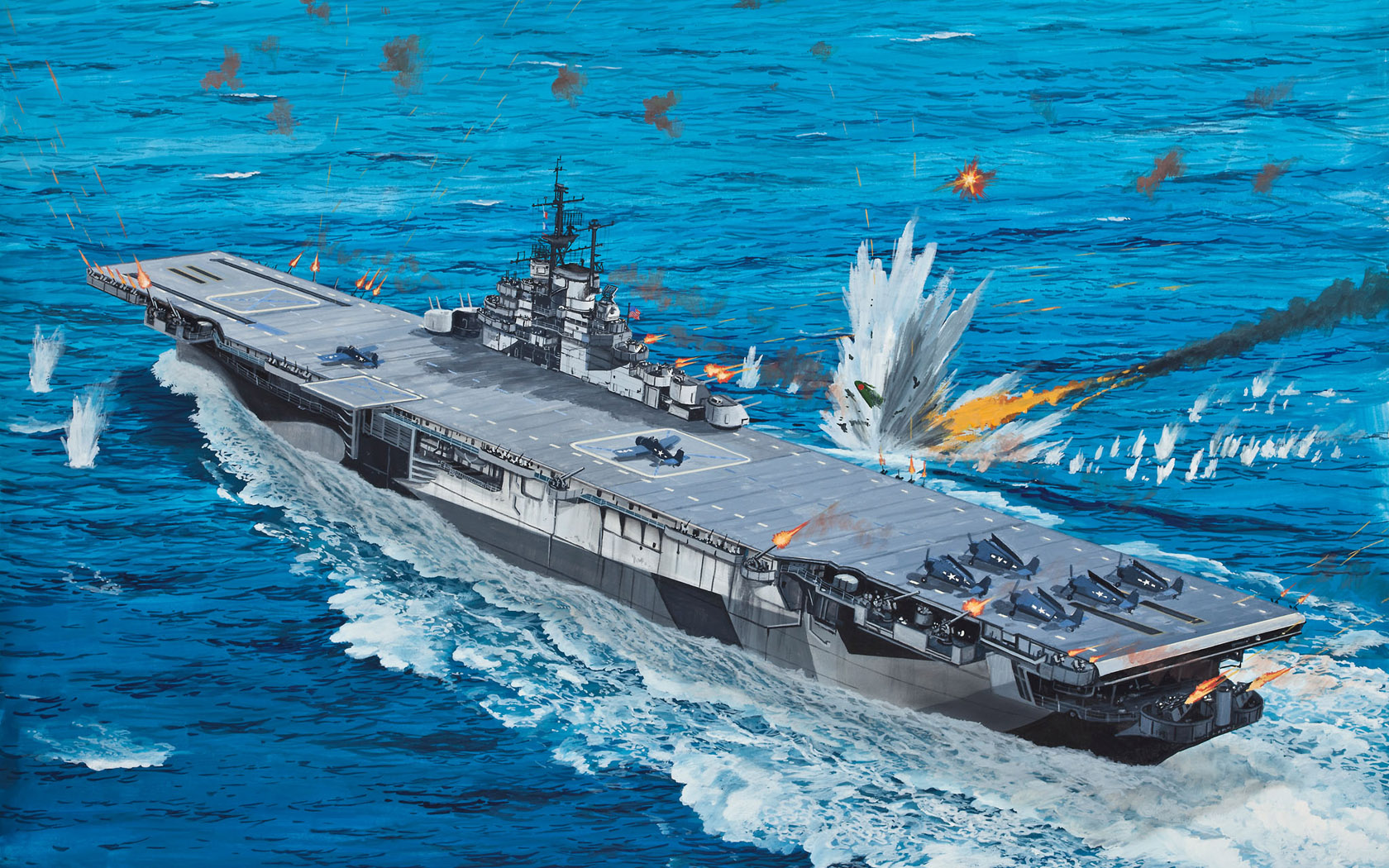 General 1680x1050 war warship sea military military vehicle artwork water waves United States Navy navy aircraft carrier World War II Vought F4U Corsair battle