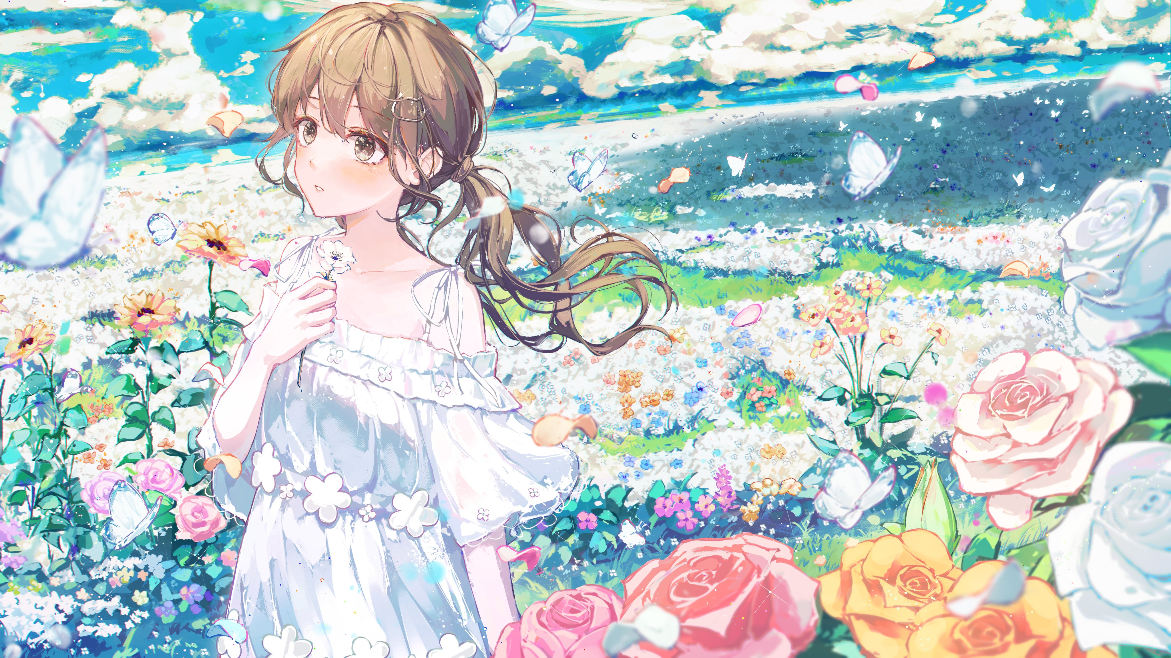 Anime 4096x2304 anime girls field flowers looking away butterfly white dress dress sunflowers Fuunyon poppies sun dress rose brunette long hair ponytail brown eyes clouds blushing outdoors petals hair ornament sky