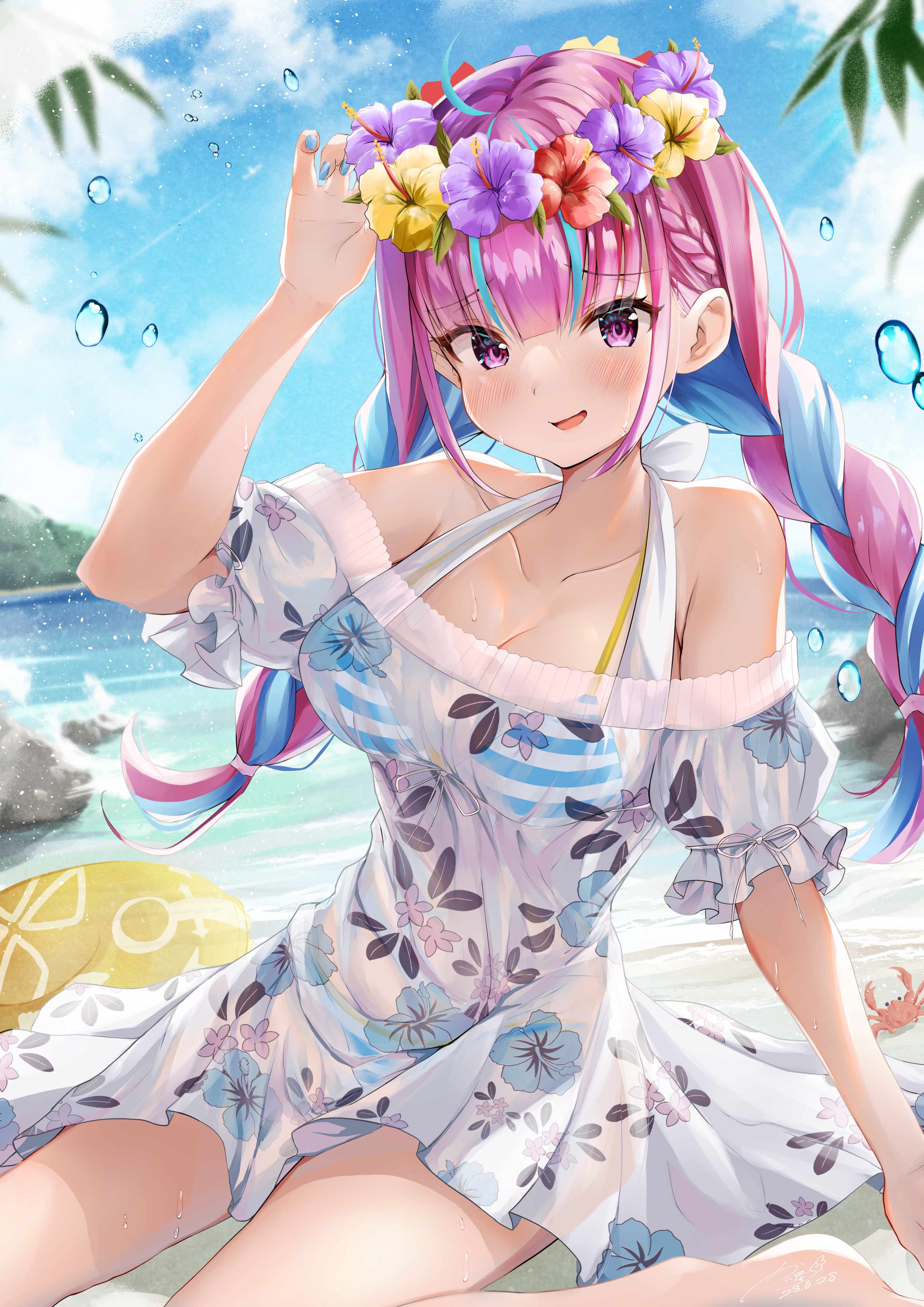 Anime 2894x4093 Hololive Minato Aqua portrait display water anime girls flower crown beach women on beach two tone hair bikini big boobs cleavage see-through dress floral hibiscus looking at viewer flowers striped bikini water drops animals crabs purple eyes blushing open mouth smiling multi-colored hair braids long hair Virtual Youtuber kairono3jou sunlight sun dress dress floater one arm up clouds blurry background thighs leaves sea