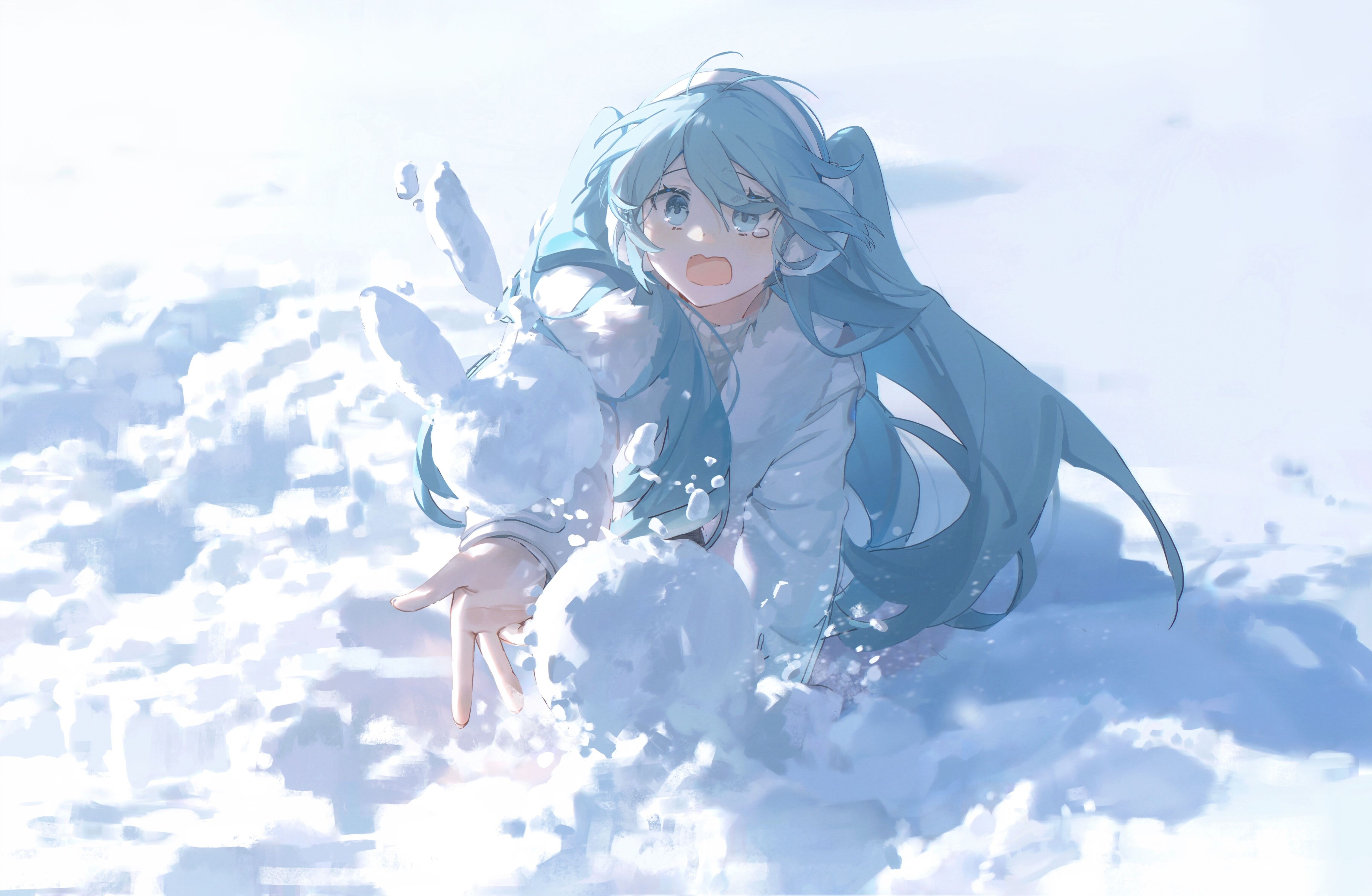 Anime 4591x3000 Pixiv anime anime girls Vocaloid Hatsune Miku long hair snow arms reaching coats ear muffs winter tears twintails rabbits