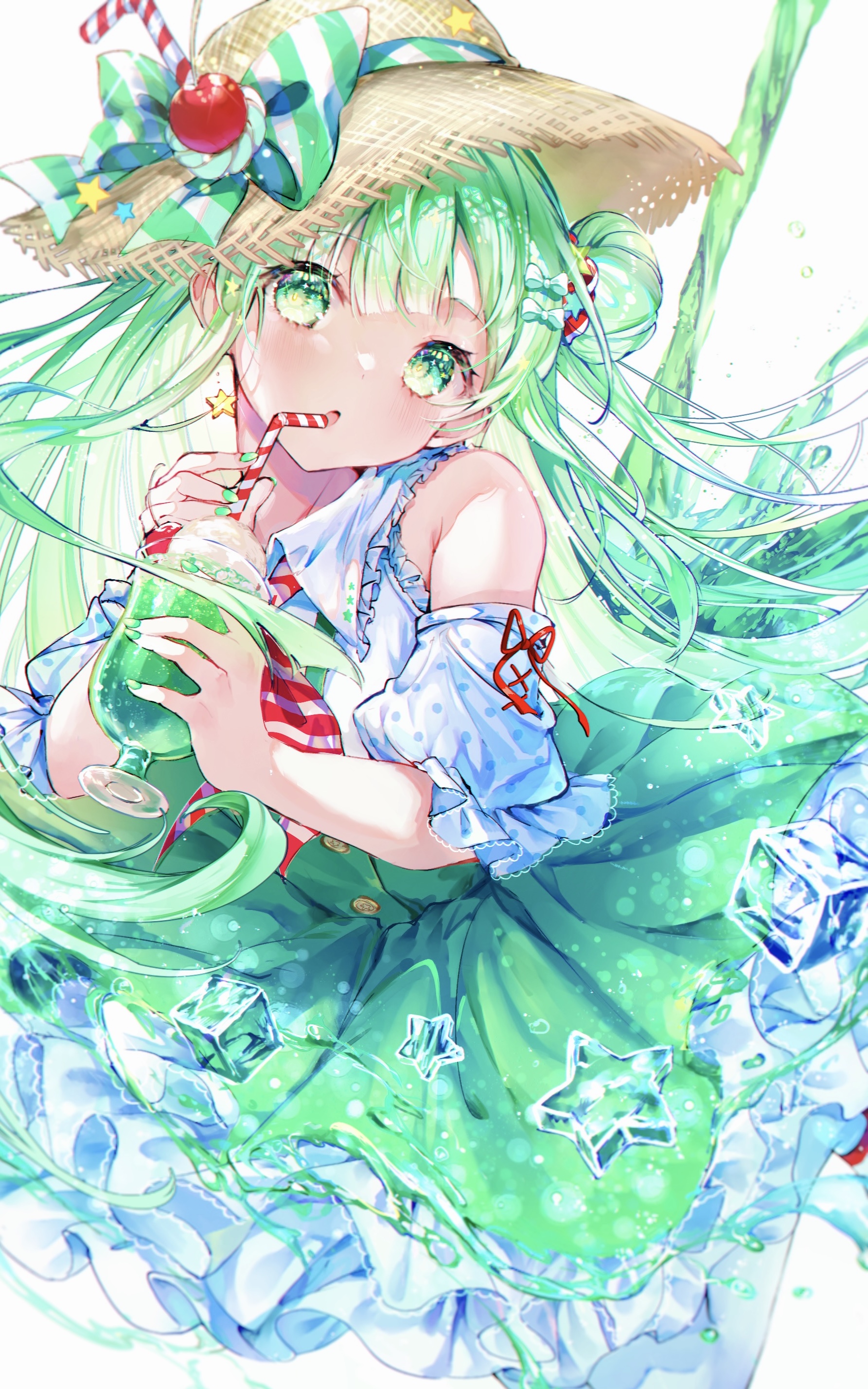 Anime 1785x2856 Pixiv anime anime girls straw hat drink portrait display cube ice cubes stars looking at viewer long hair green hair green eyes