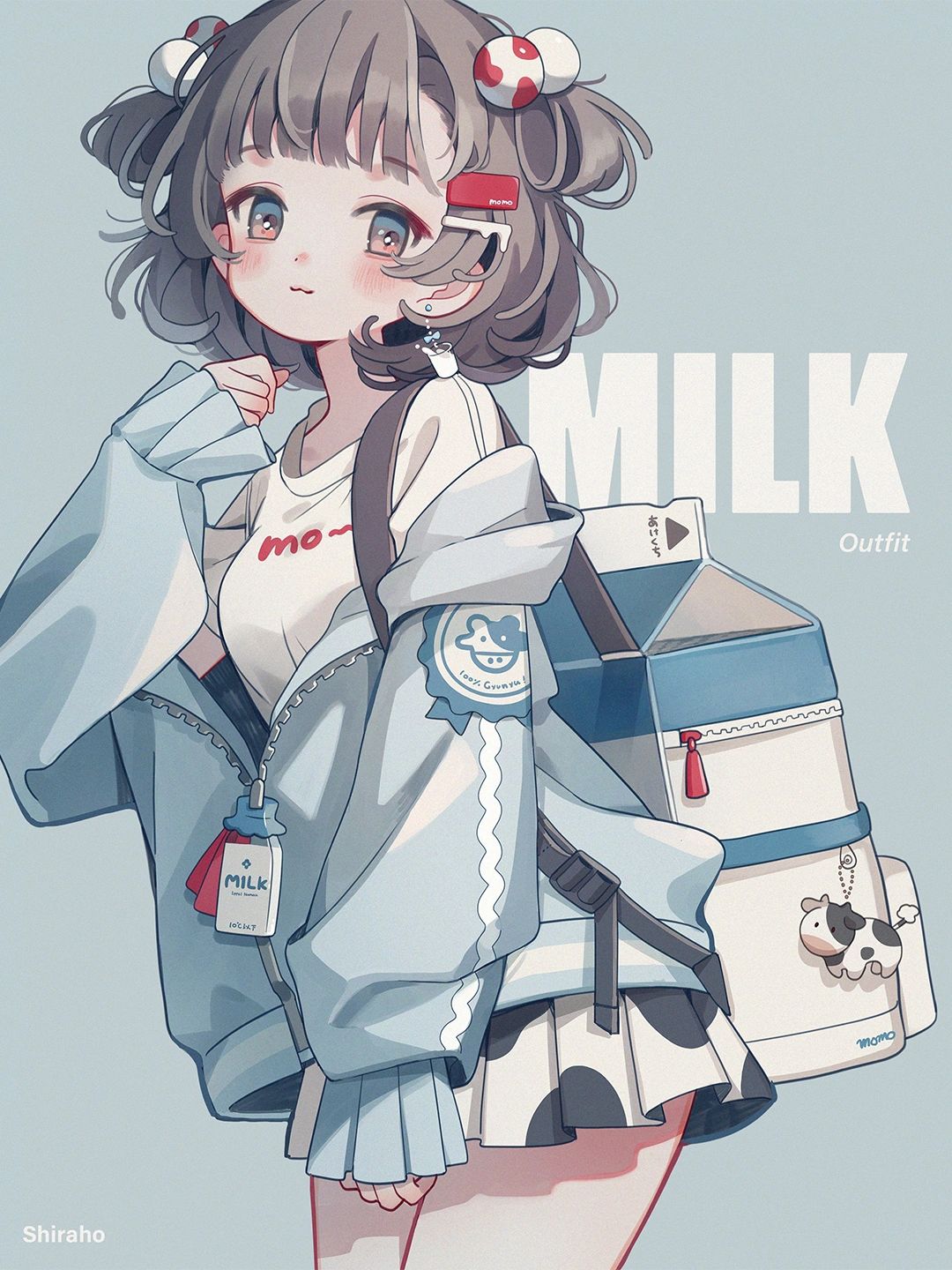 Anime 1080x1440 anime girls blue eyes portrait display standing blushing looking at viewer backpacks milk simple background minimalism signature Shiraho