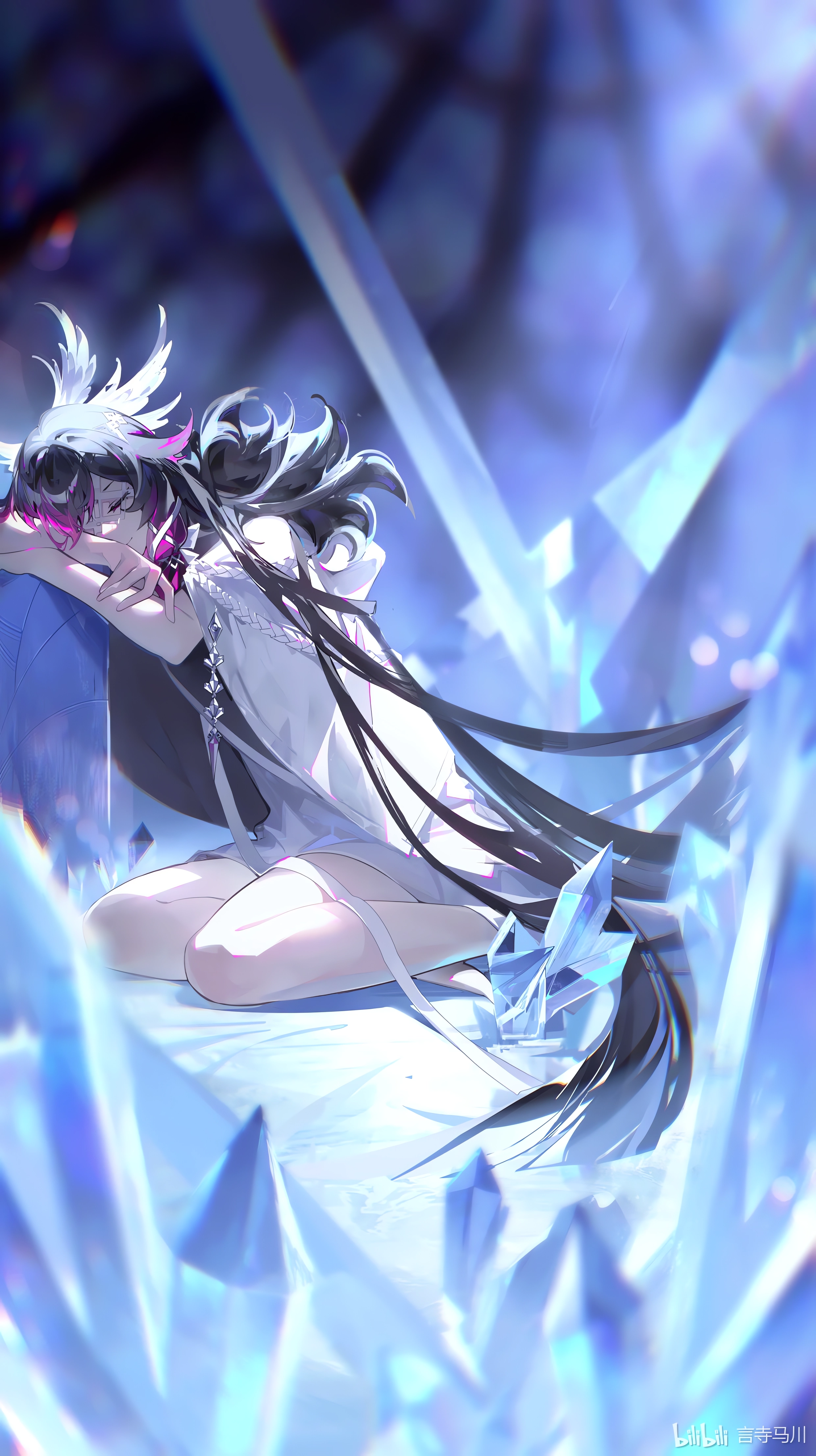 Anime 2480x4428 anime anime girls portrait display long hair closed eyes crystal  smiling two tone hair blurred blurry background