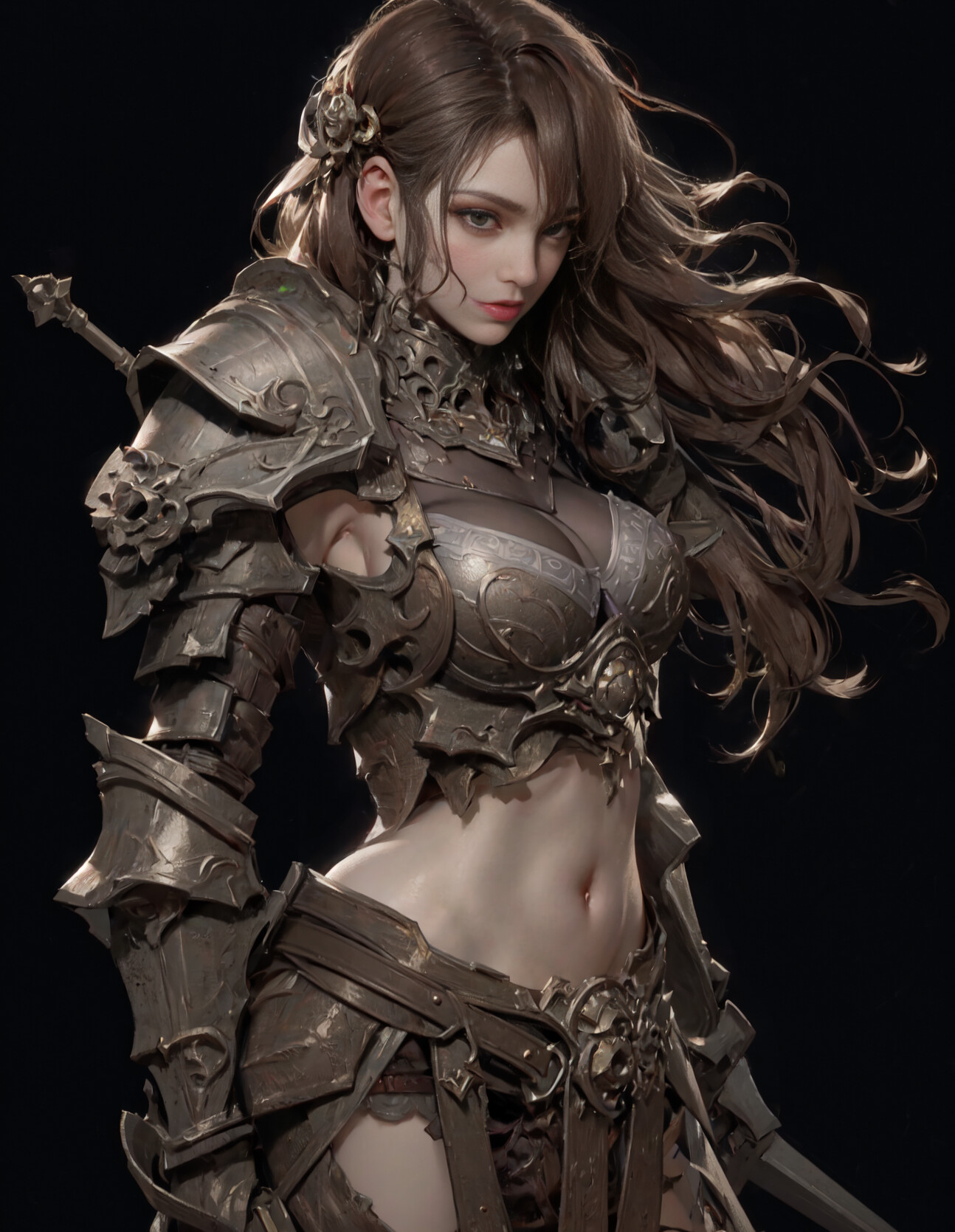 General 1294x1669 women brunette armor simple background AI art portrait display long hair belly belly button CGI Peter Kaws