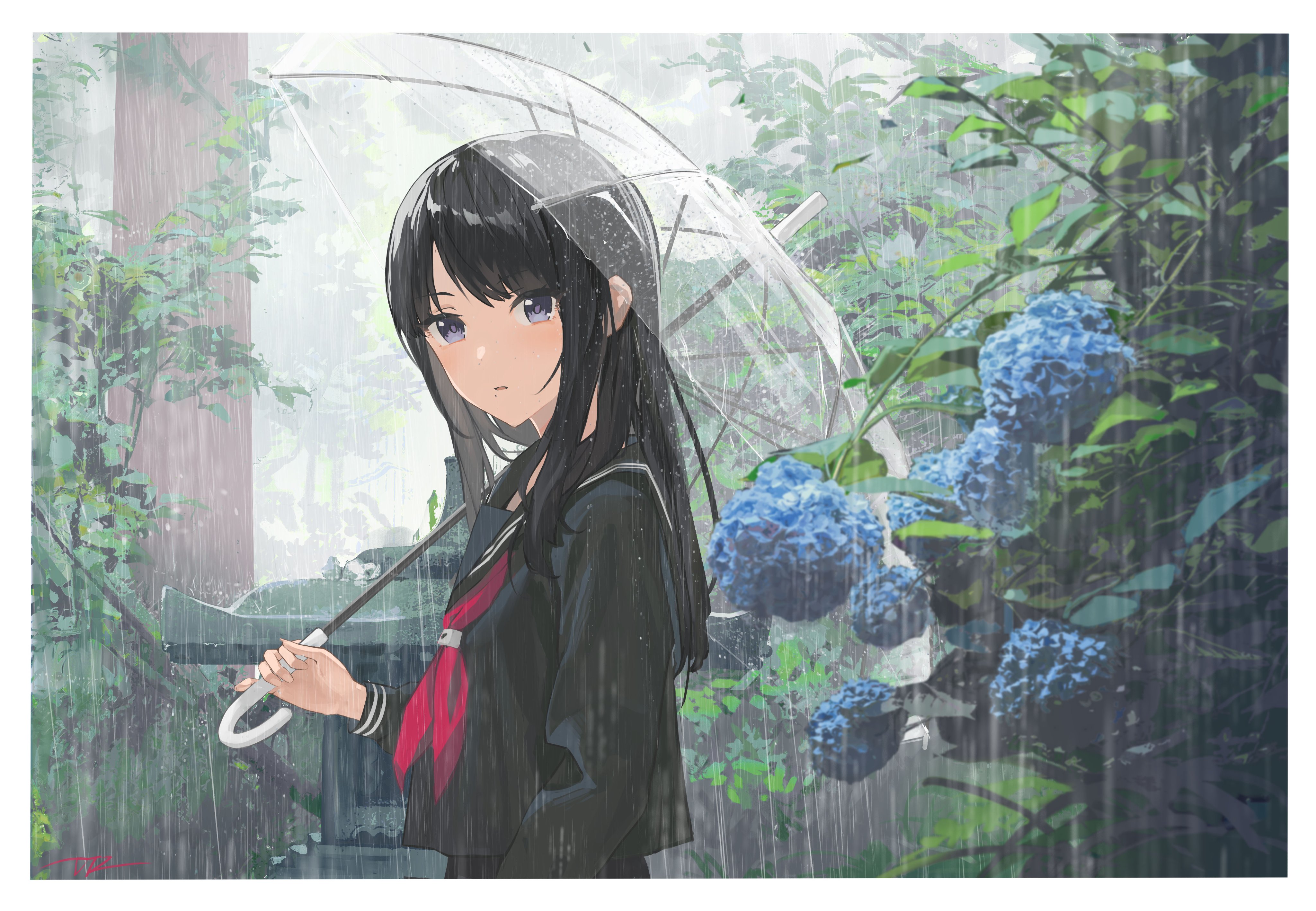 Anime 4096x2836 anime girls rain umbrella looking at viewer flowers standing schoolgirl school uniform long hair leaves moles mole under mouth signature