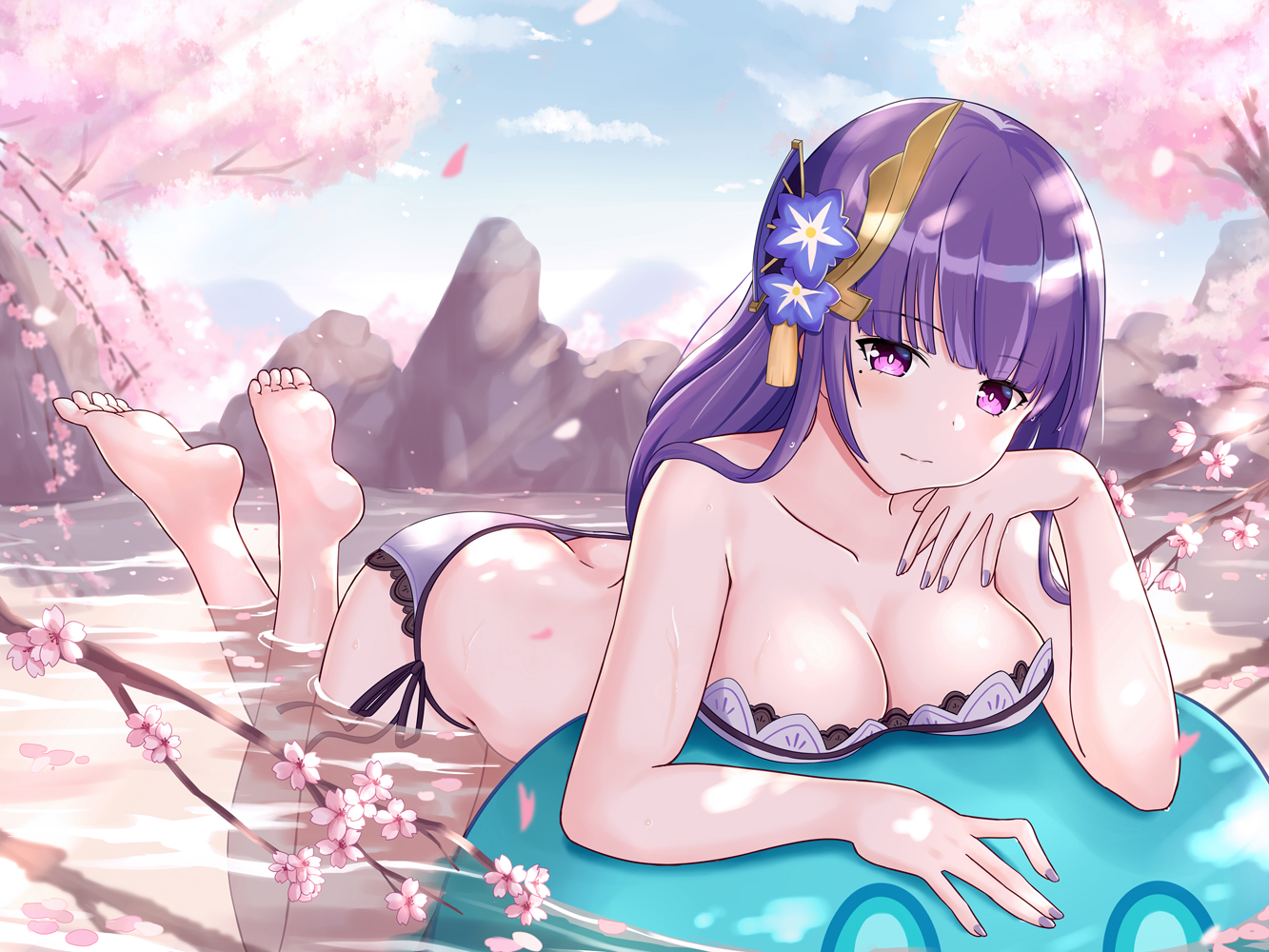 Anime 1333x1000 Raiden Shogun (Genshin Impact) anime Genshin Impact anime girls purple hair purple eyes long hair looking at viewer moles mole under eye feet petals flowers foot sole lying on front cleavage big boobs smiling sky clouds water in water swimwear butt crack