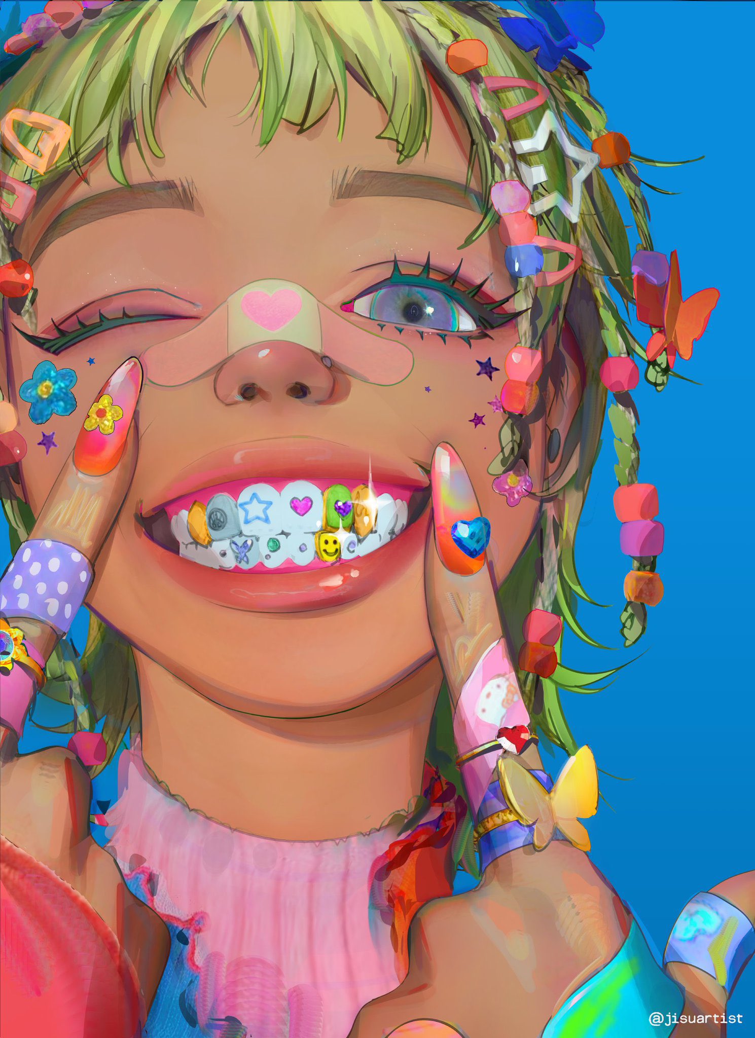 General 1489x2048 digital art smiling painted nails wink blue background Band-Aid one eye closed colorful portrait display teeth looking at viewer watermarked green hair face women