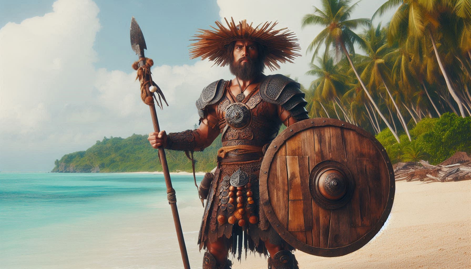 General 1792x1024 AI art lapu-lapu Battle of Mactan Cebu Mactan Island sea Bisaya Visayan Cebuano Native Filipino Indigenous shield wooden shields spear armor tribal  Philippine Tribes seashore Spanish Colony