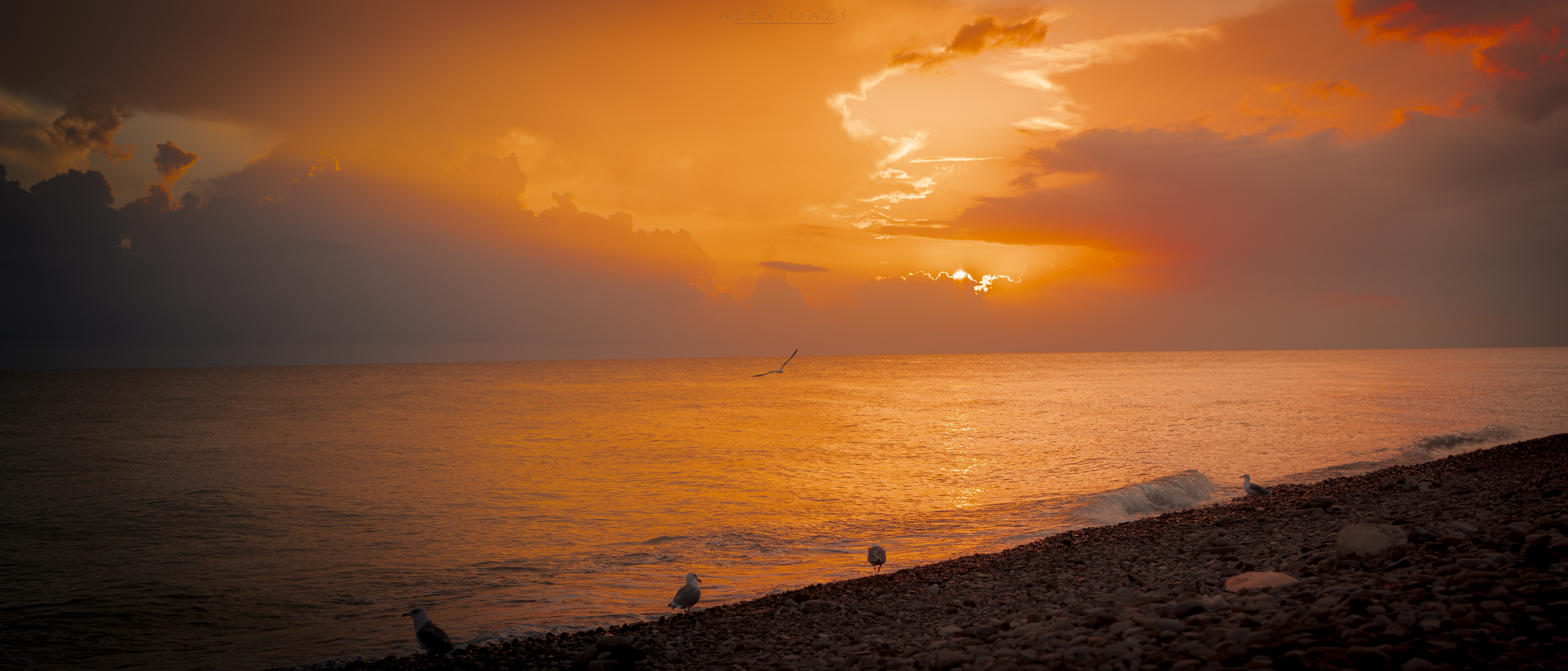 General 5623x2409 photography sunset horizon clouds seagulls seashore rocks sea waves