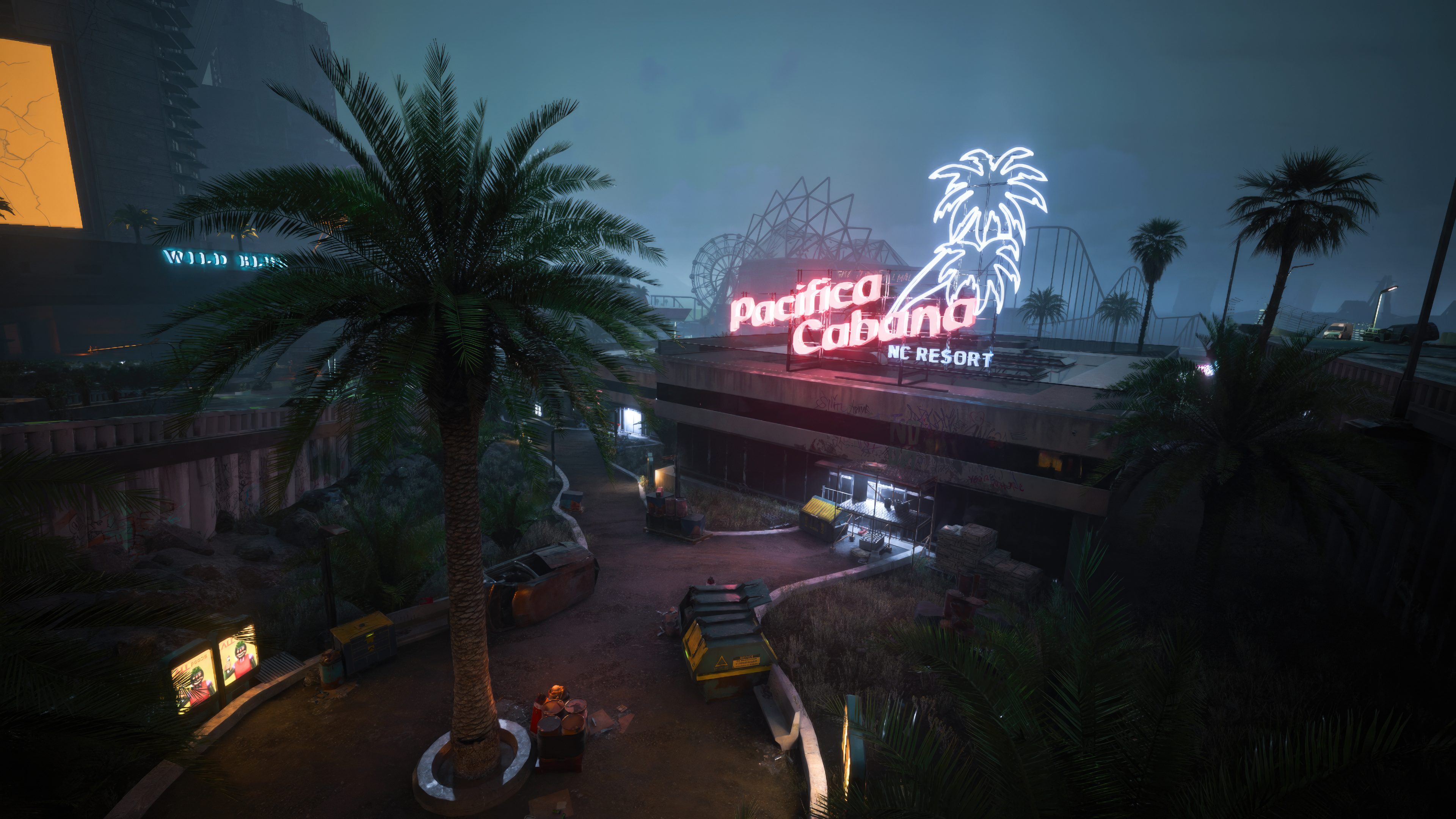 General 3840x2160 cyberpunk Cyberpunk 2077 CD Projekt RED palm trees resort rollercoasters ferris wheel road car video game art