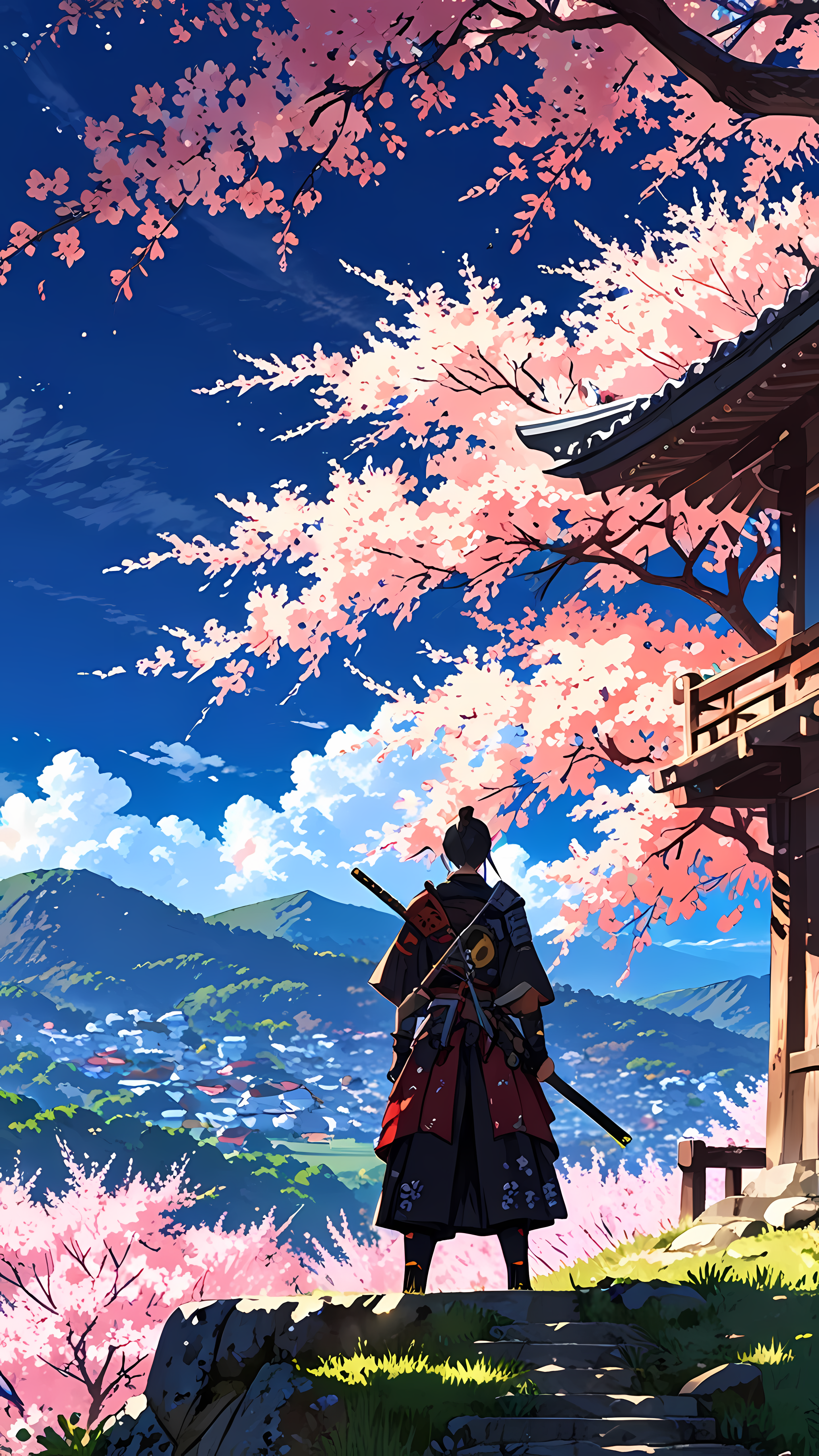 Anime 2880x5120 anime samurai traditional clothing katana warrior nature peace AI art