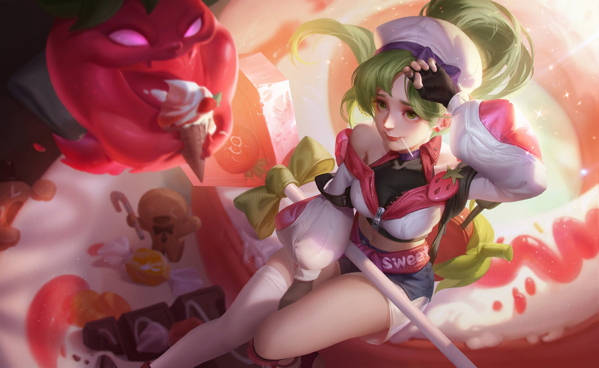 Anime 1920x1180 Arena of Valor video game characters sweets Gingerbread Man gloves fingerless gloves lollipop video game art green hair video game girls green eyes video games black gloves off shoulder