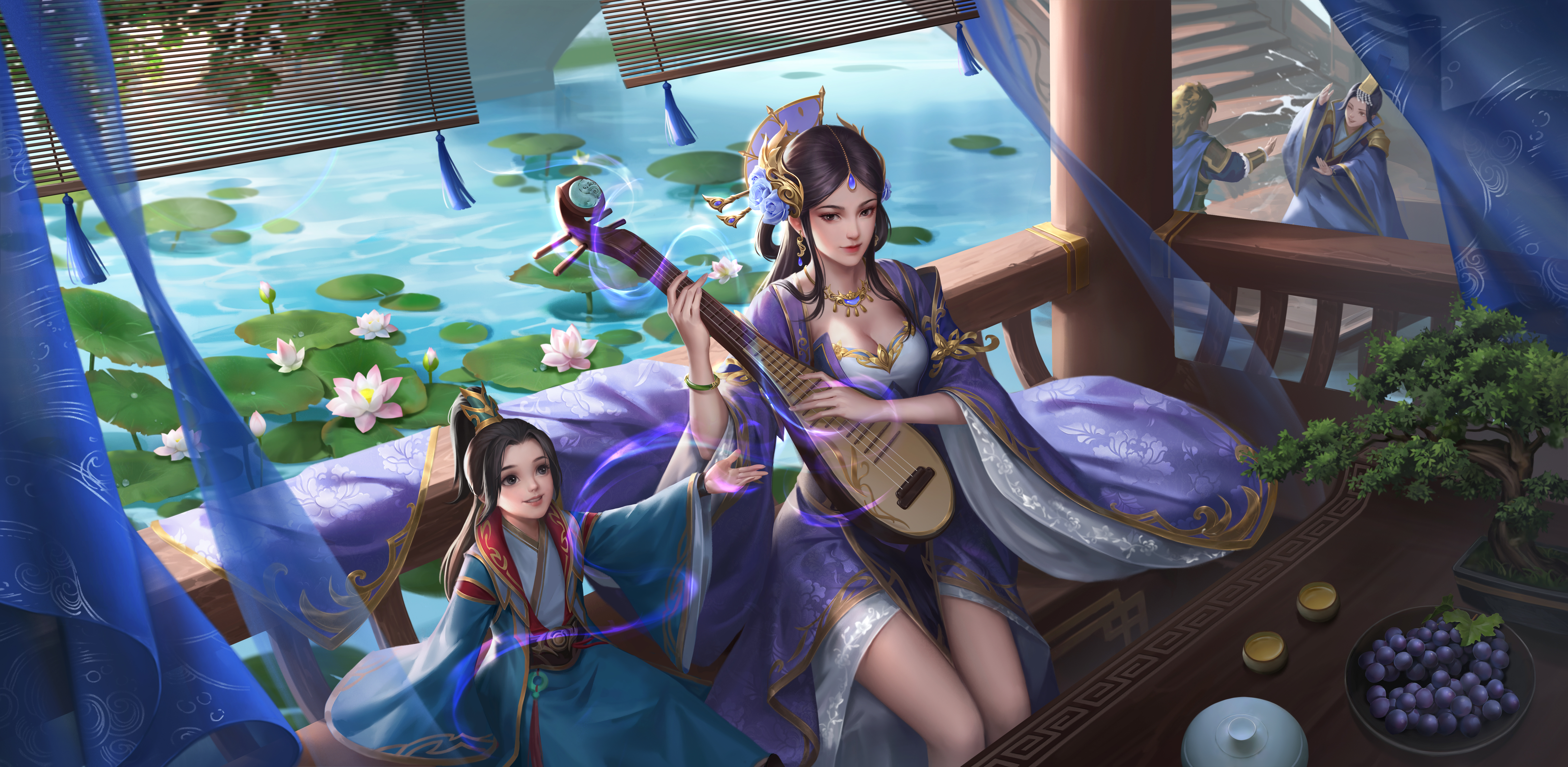 General 5780x2828 Three Kingdoms video game characters video games video game girls video game boys water lilies water flowers grapes fruit video game art musical instrument high angle