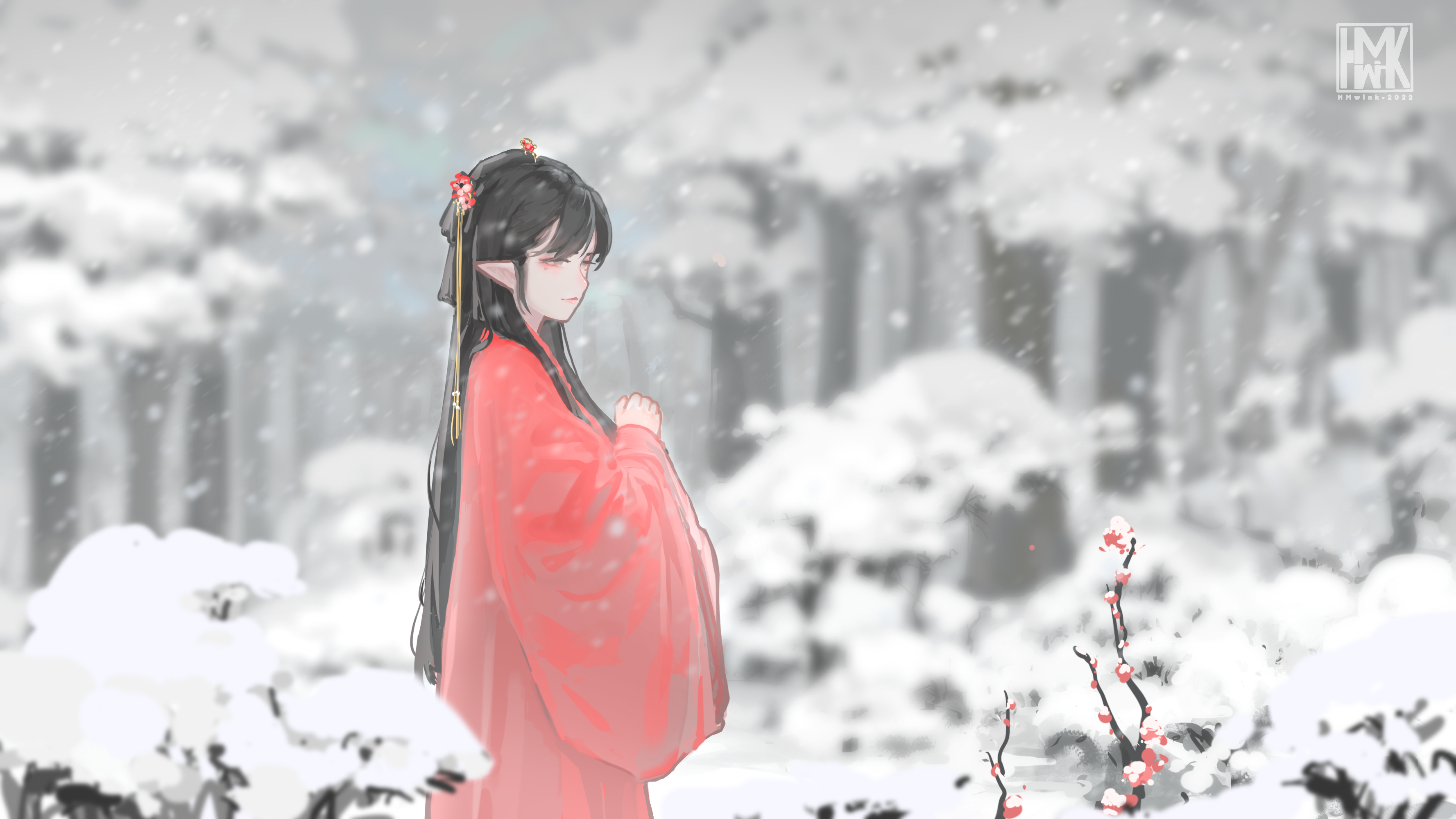 Anime 3555x2000 Hua Ming wink original characters Chinese clothing snow Plum blossom long hair anime girls pointy ears