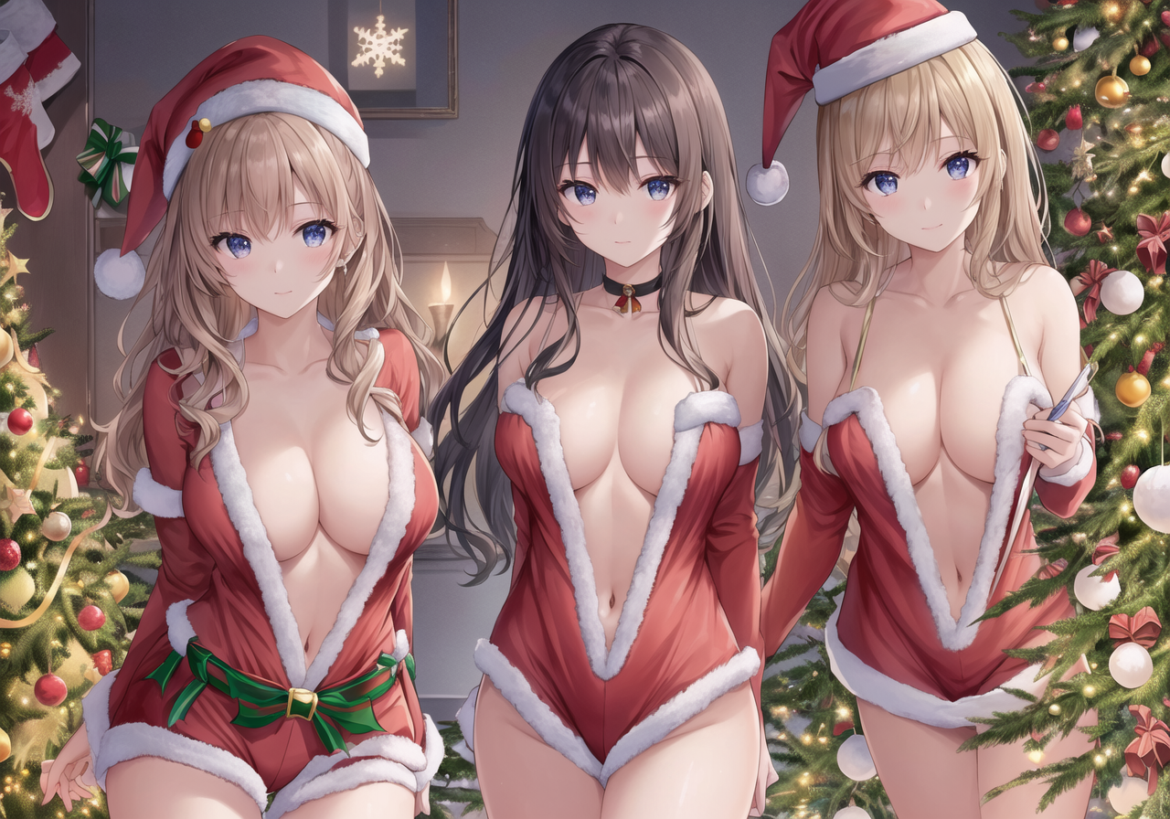 Anime 1280x896 anime anime girls AI art Christmas clothes line-up group of women women trio Santa hats looking at viewer boobs Christmas tree blonde Christmas dark hair long hair belly button choker women indoors Christmas ornaments  cleavage