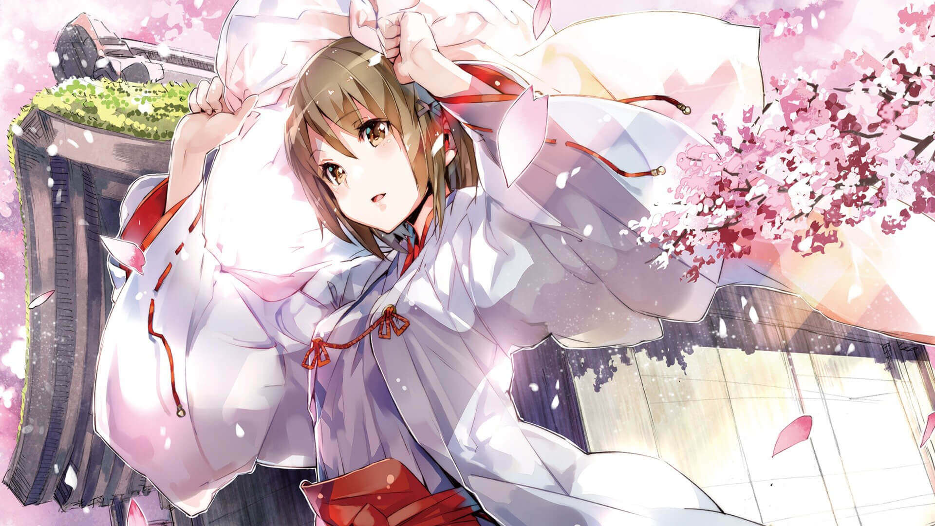 Anime 1920x1080 2D flowers petals anime girls brown eyes low-angle arms up