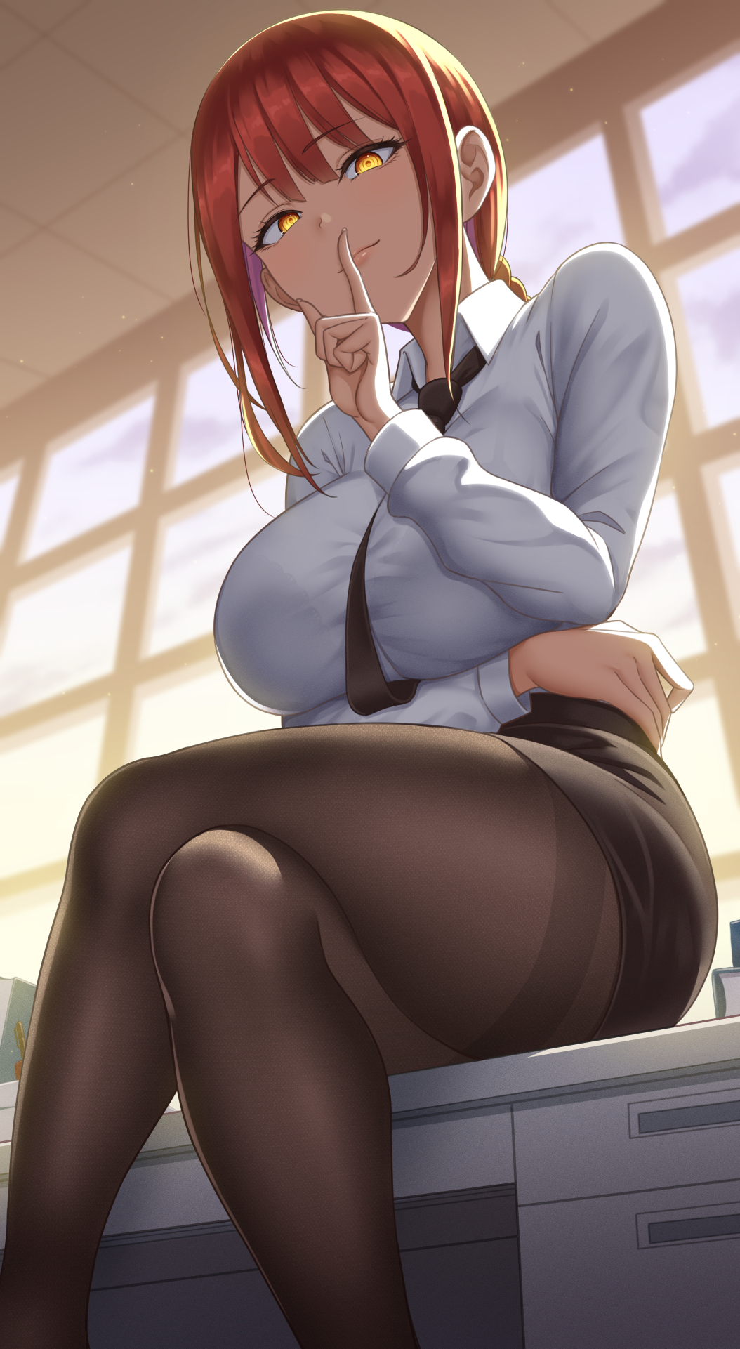 Anime 1054x1921 Chainsaw Man Makima (Chainsaw Man) anime anime girls legs crossed pantyhose redhead low-angle hush gesture looking at viewer tie Ero Mang-a