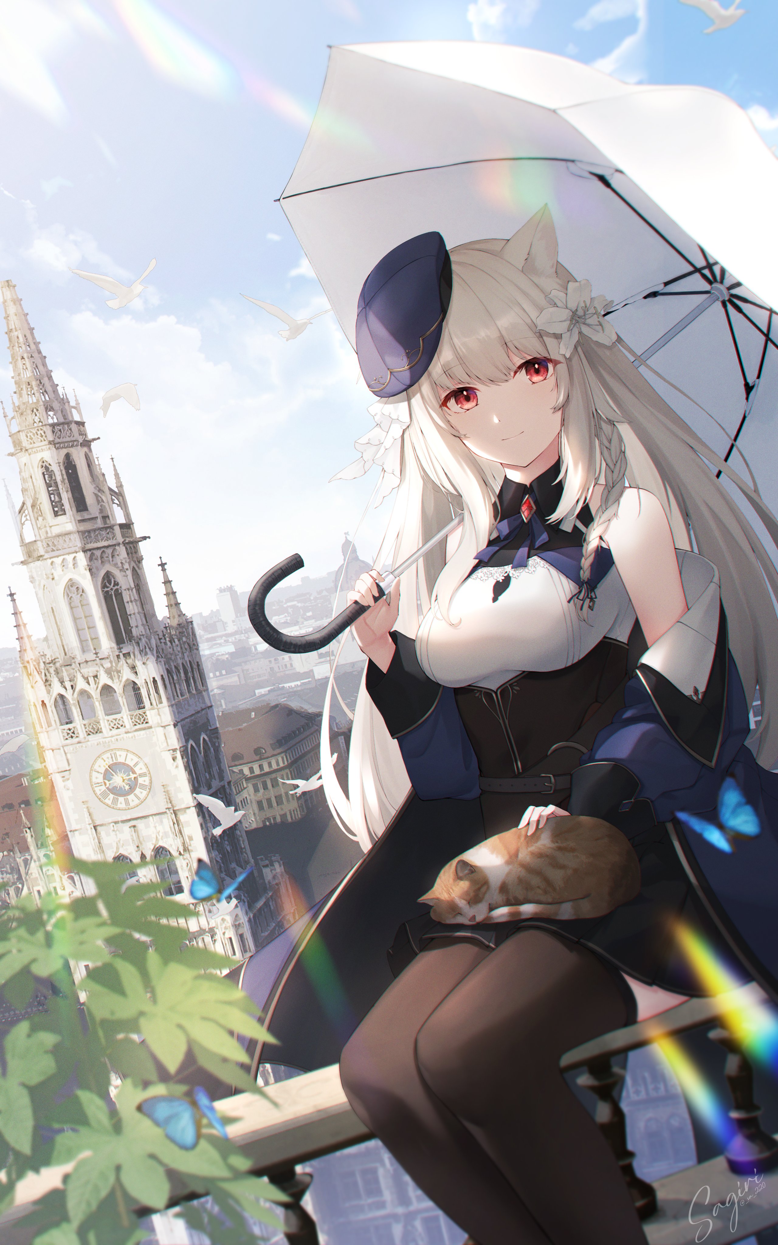 Anime 2560x4096 anime anime girls cats umbrella hat birds butterfly city portrait display red eyes cathedral sitting