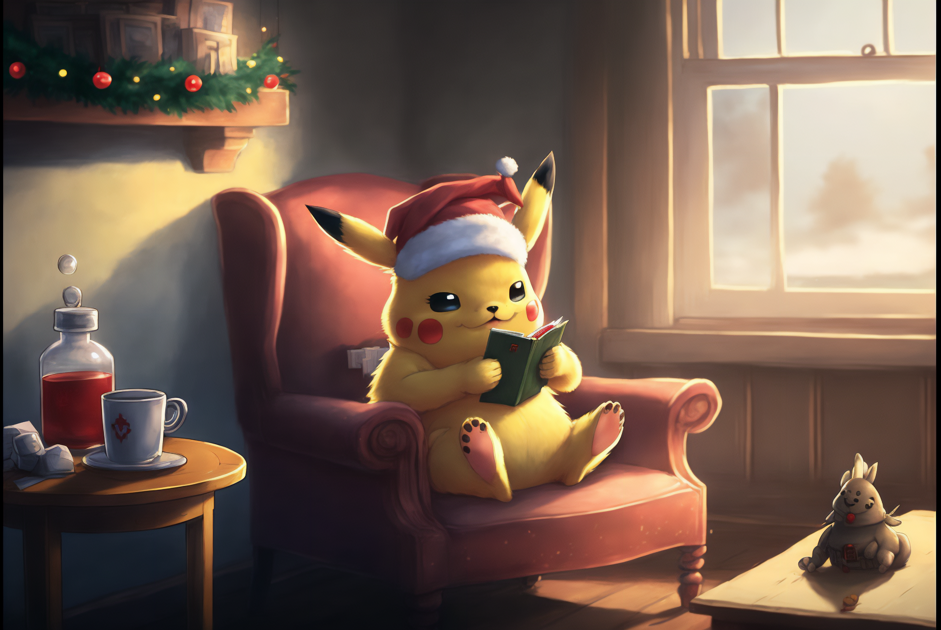 Anime 3060x2048 AI art Pikachu Pokémon Christmas Santa hats holiday