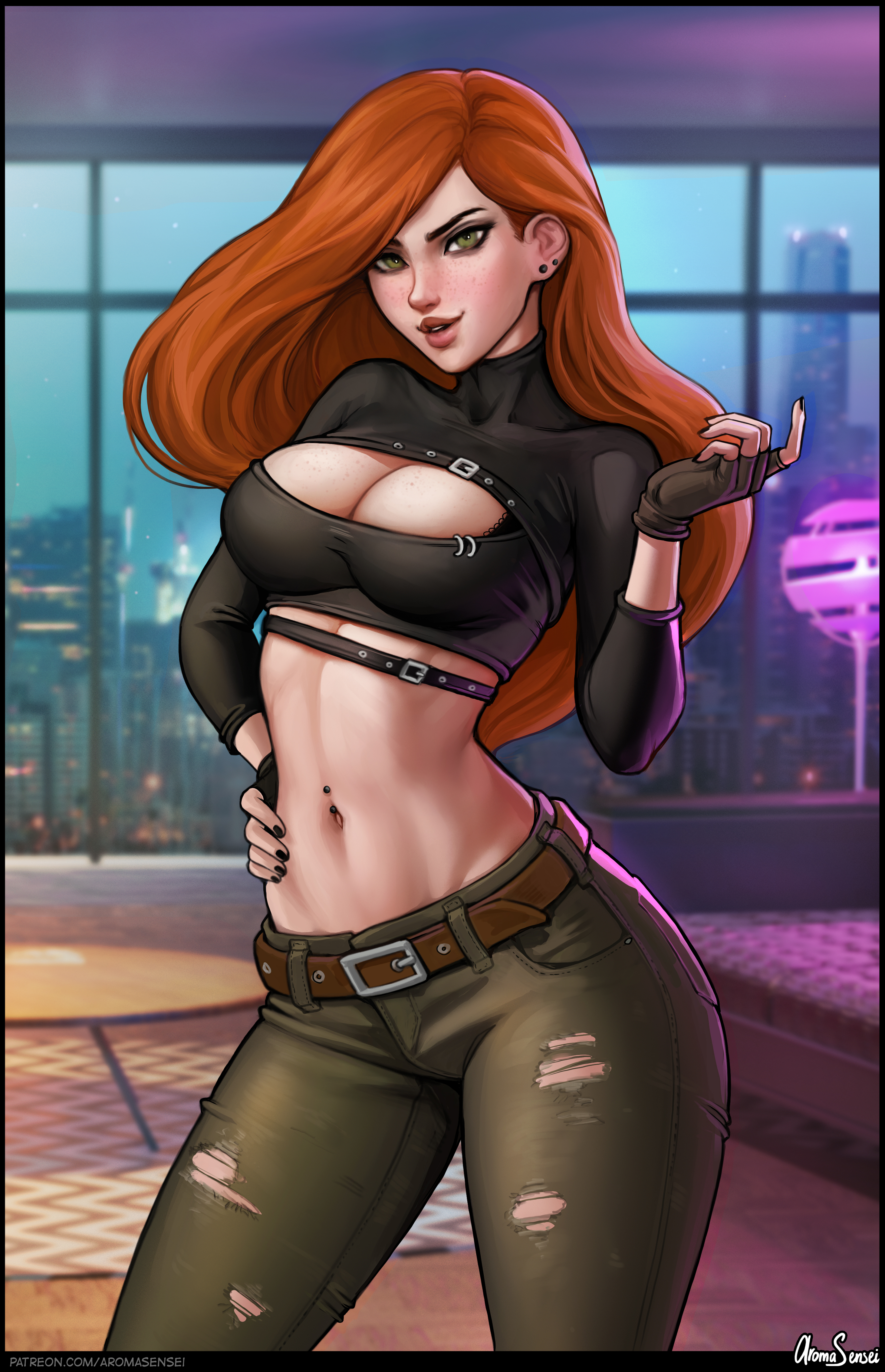 General 2924x4534 Kim Possible animated series fictional character cartoon redhead cleavage black top torn jeans 2D artwork drawing fan art Aroma Sensei Kimberly Ann Possible pierced navel portrait display torn clothes belly