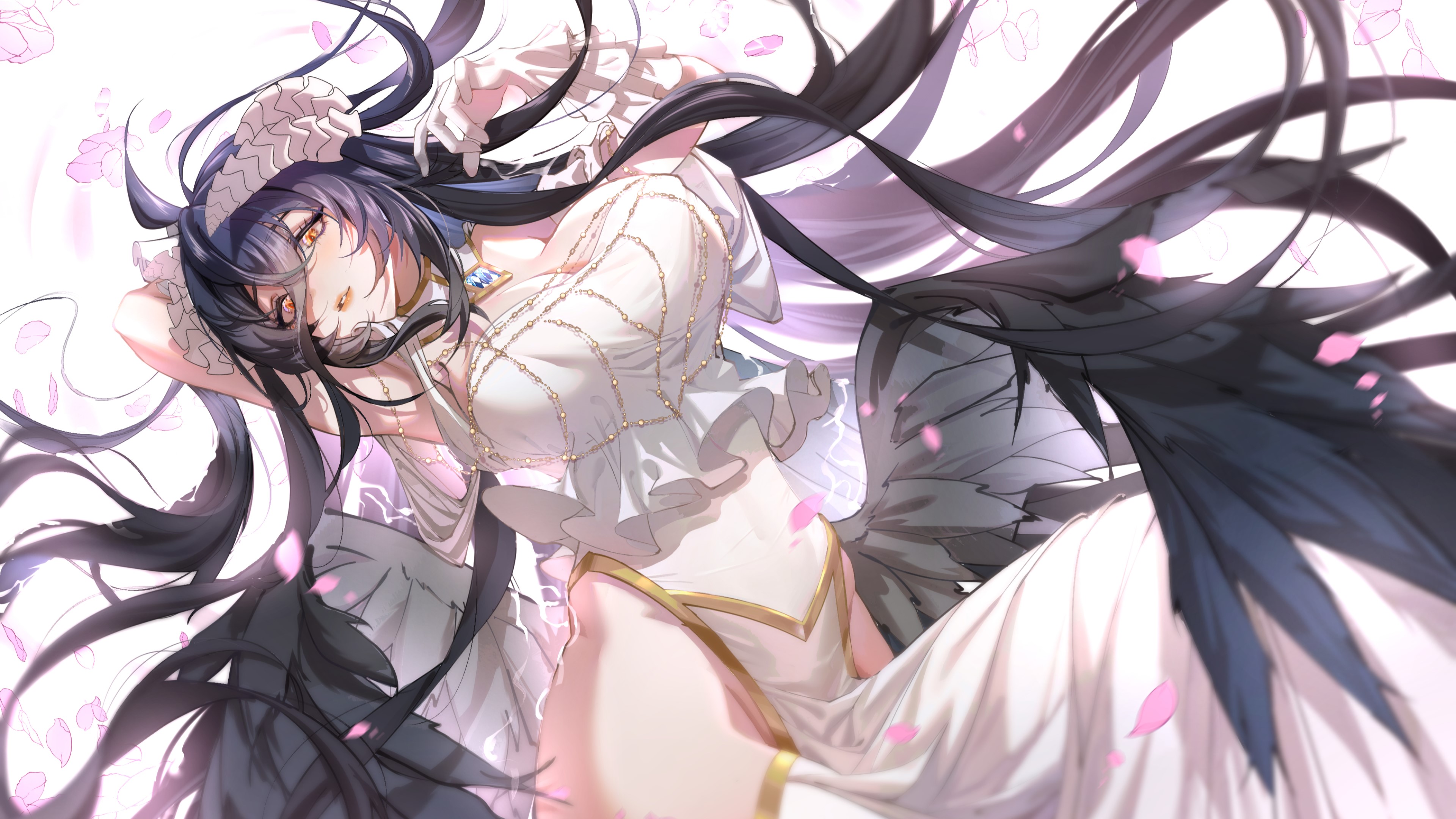 Anime 3840x2160 anime anime girls Albedo (OverLord) Overlord lying on back angel wings wings petals big boobs gloves