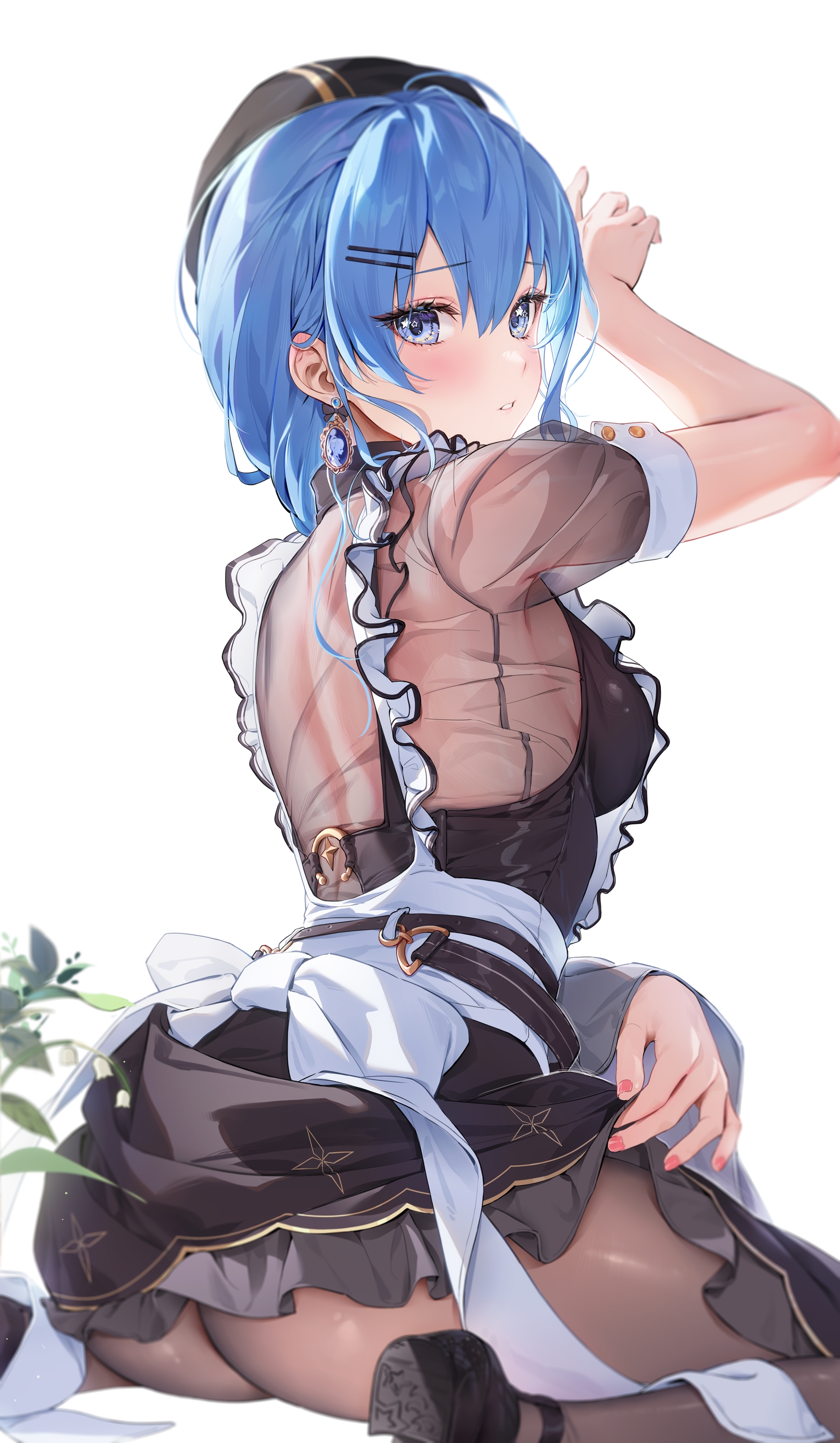 Anime 1747x3000 anime boobs back sitting ass pantyhose black pantyhose see-through clothing blushing blue hair maid maid outfit earring blue eyes white background looking back looking at viewer star eyes dress glutes painted nails