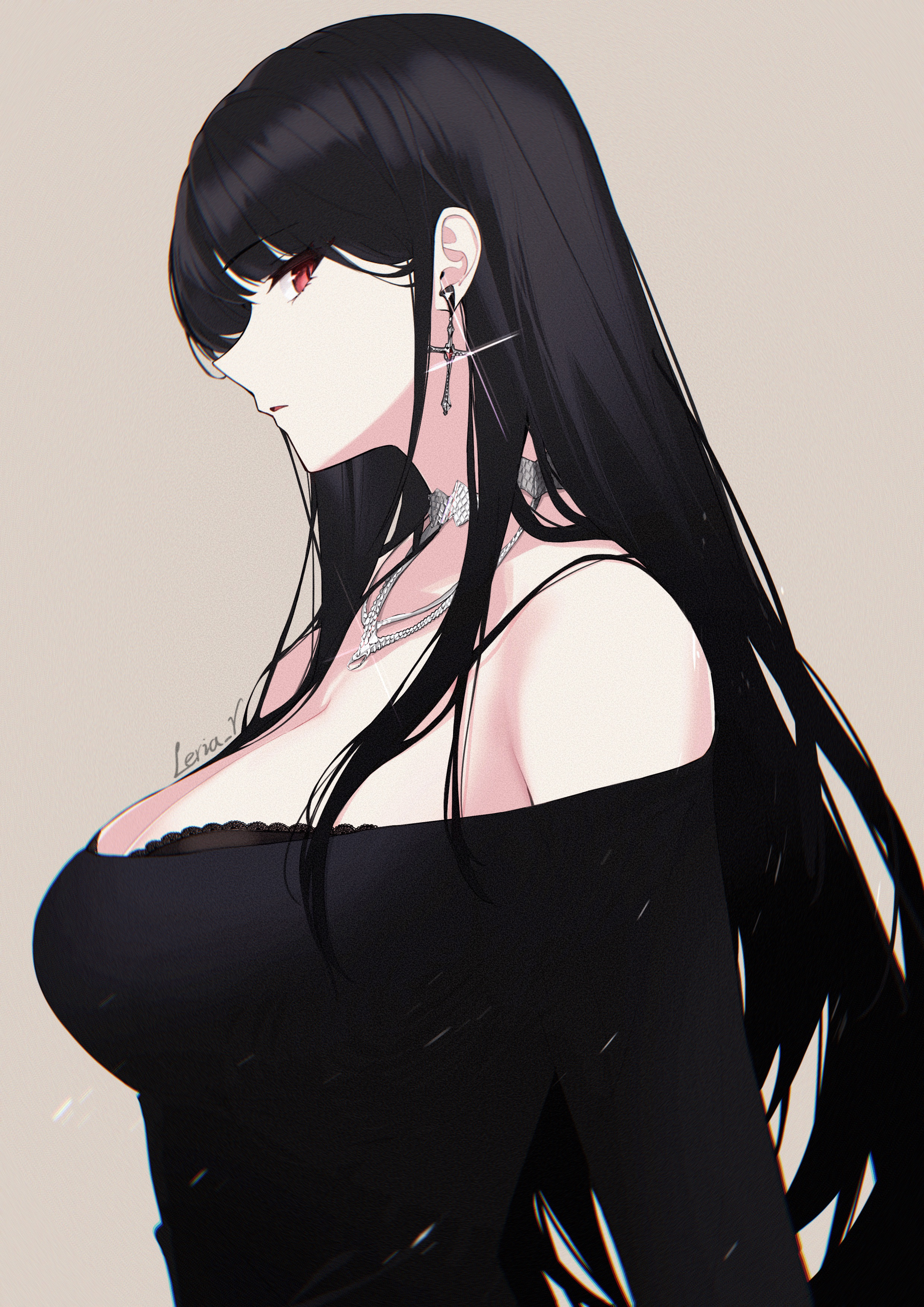 red eyes, profile, anime girls, black hair, necklace, vertical, earring, side  view | 2480x3508 Wallpaper 